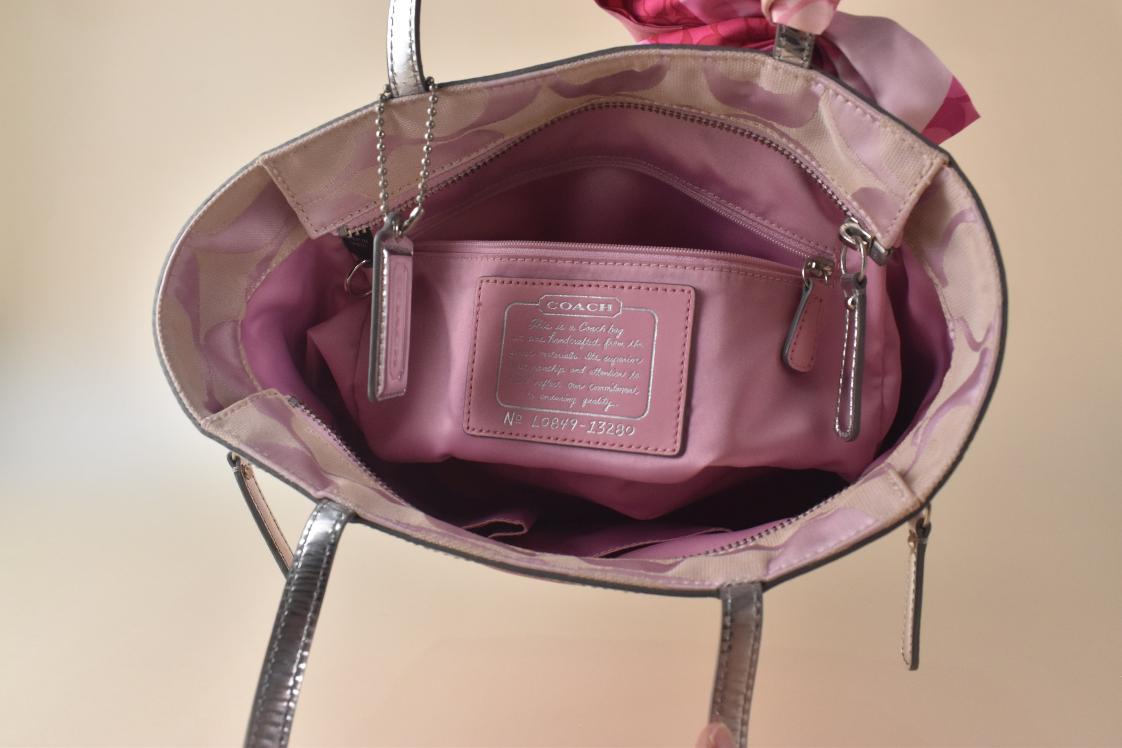 Coach Signature Stripe Tote - Silver/Pink