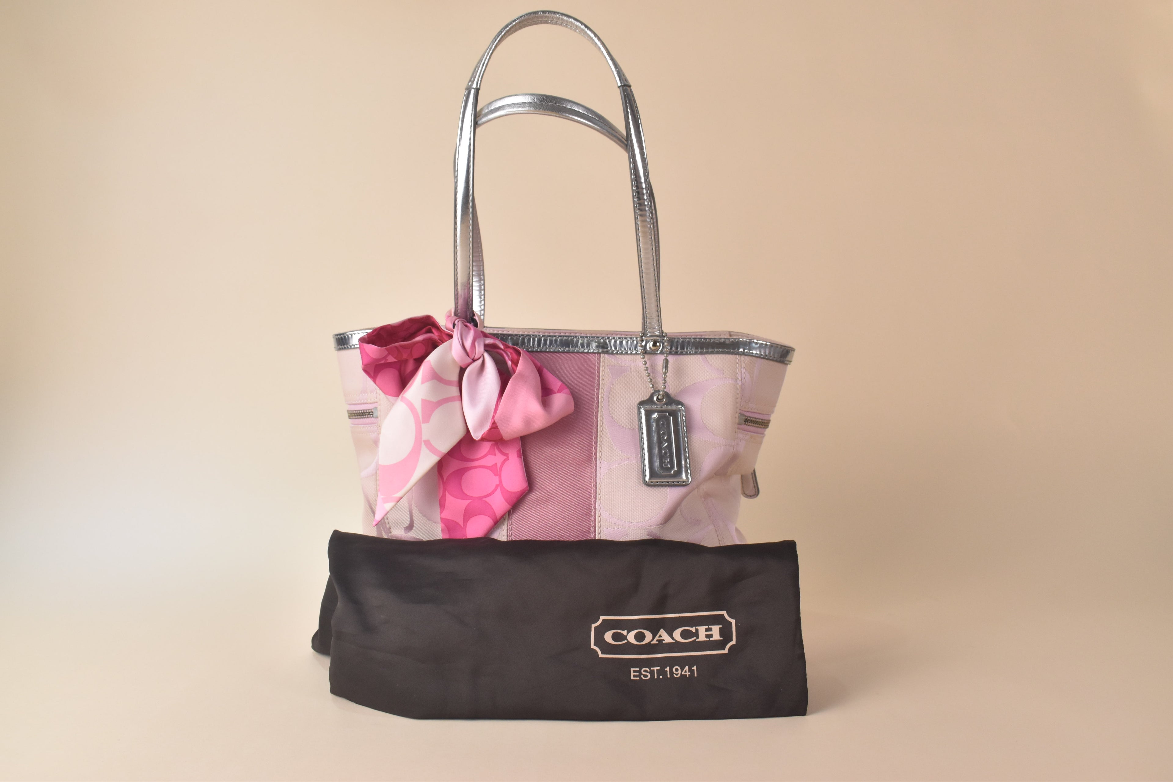 Coach Signature Stripe Tote - Silver/Pink