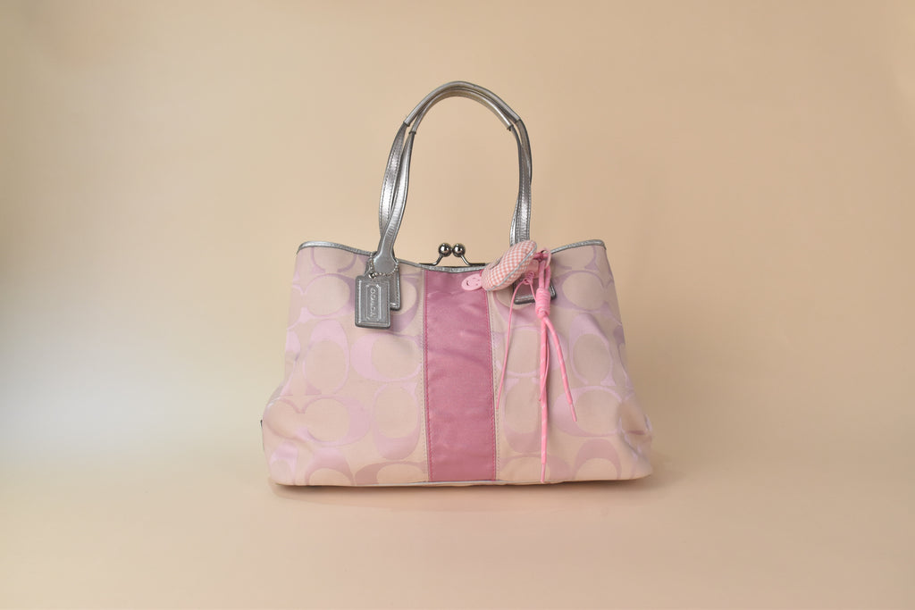 Coach Signature Stripe Kisslock Glam Tote – Pink/Silver