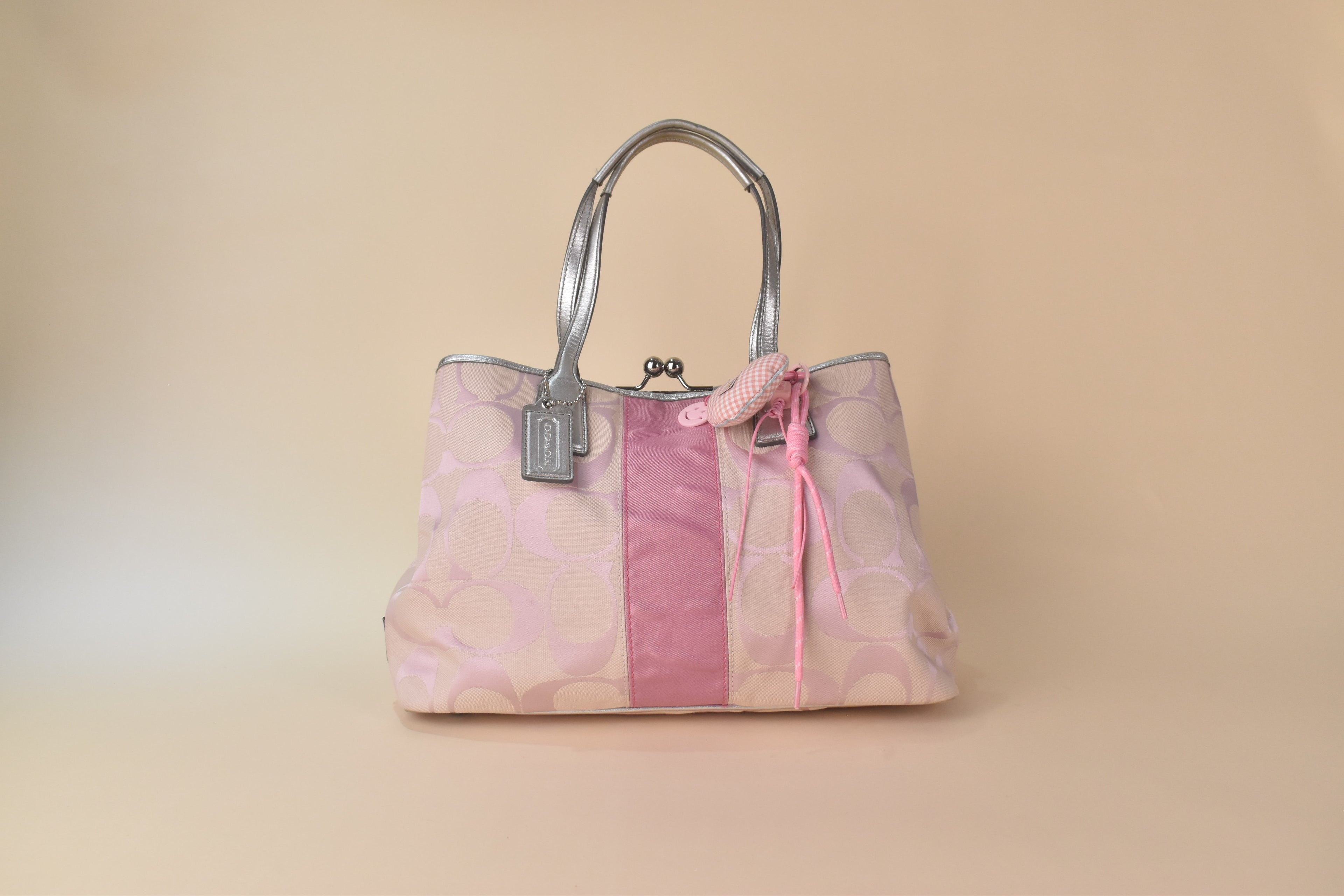Coach Signature Stripe Kisslock Glam Tote – Pink/Silver