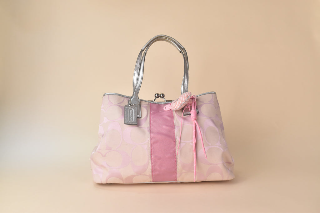 Coach Signature Stripe Kisslock Glam Tote – Pink/Silver