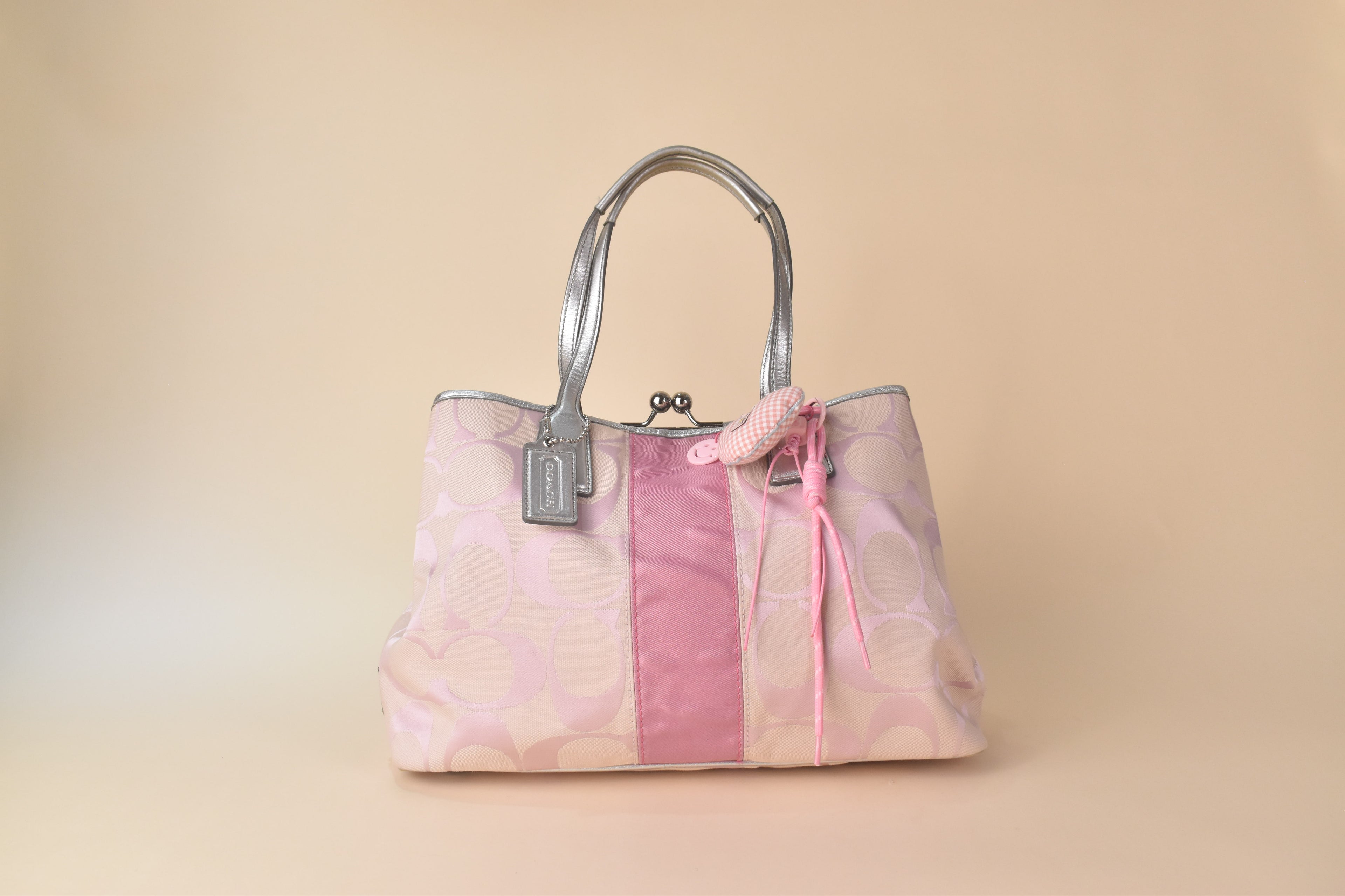 Coach Signature Stripe Kisslock Glam Tote – Pink/Silver