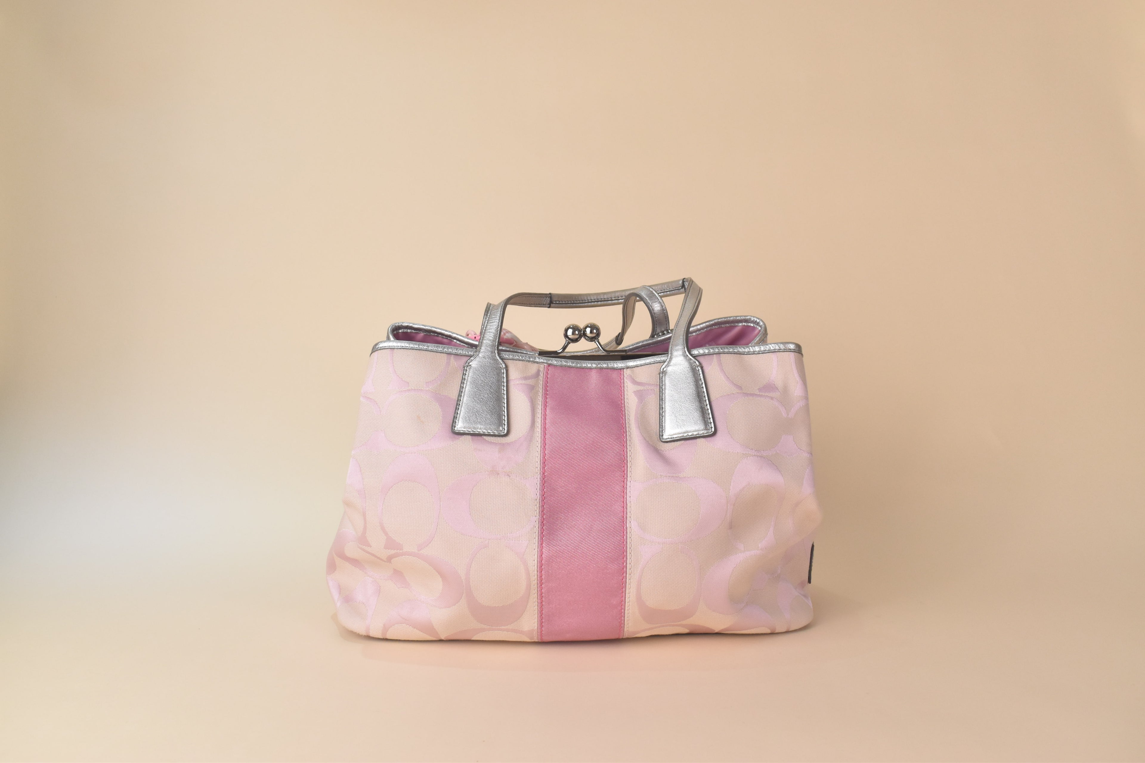Coach Signature Stripe Kisslock Glam Tote – Pink/Silver