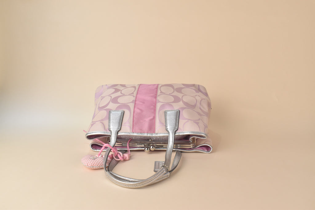 Coach Signature Stripe Kisslock Glam Tote – Pink/Silver