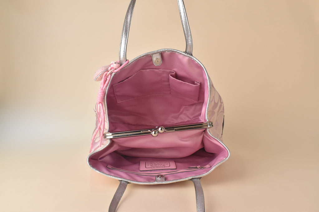 Coach Signature Stripe Kisslock Glam Tote – Pink/Silver
