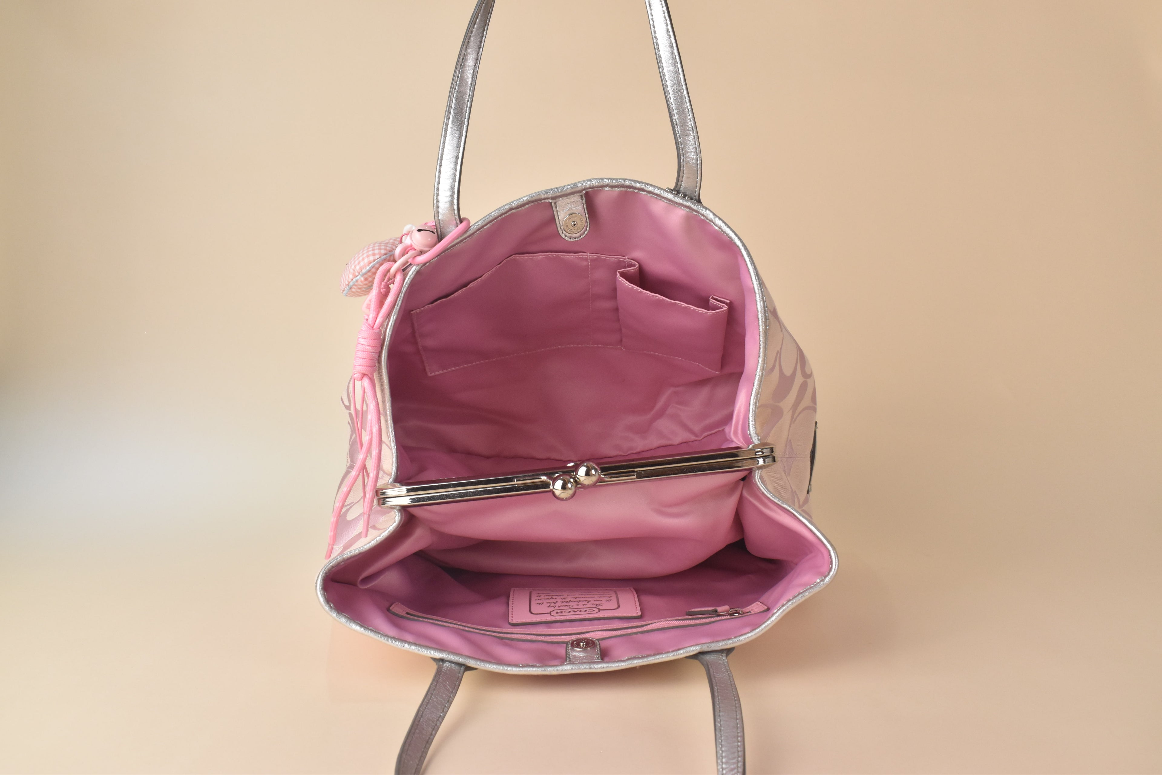 Coach Signature Stripe Kisslock Glam Tote – Pink/Silver