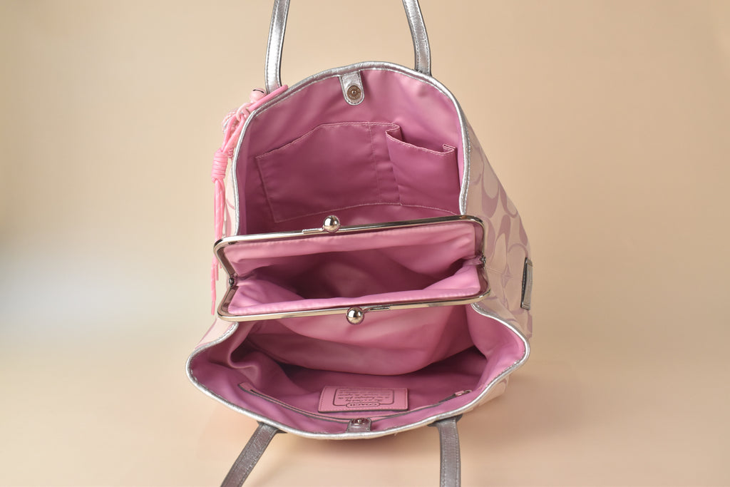 Coach Signature Stripe Kisslock Glam Tote – Pink/Silver