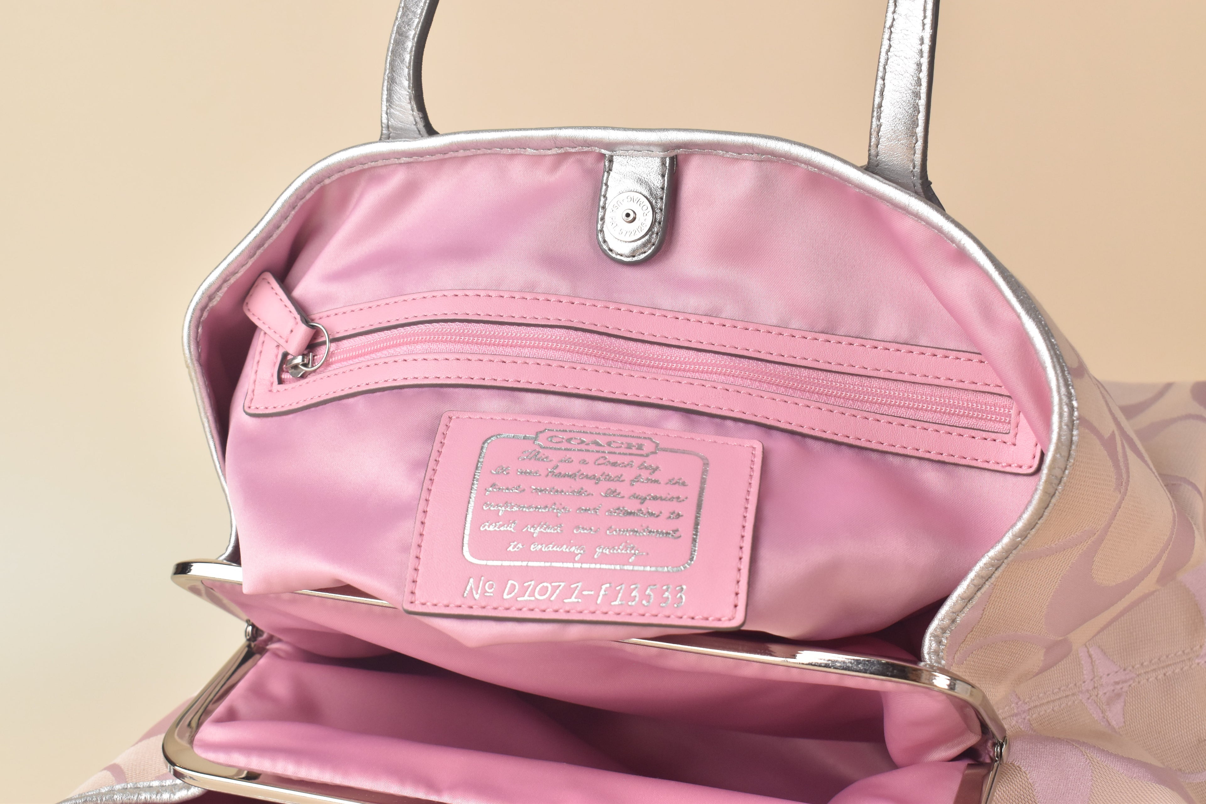 Coach Signature Stripe Kisslock Glam Tote – Pink/Silver