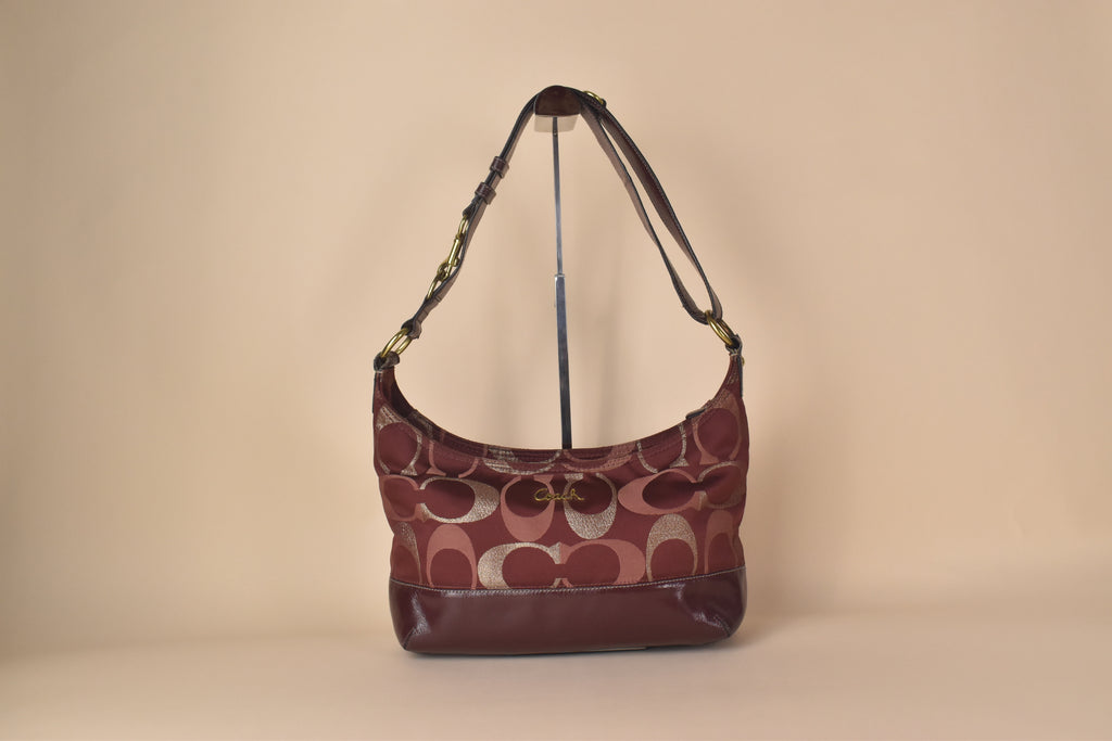 Coach Signature Lurex Convertible Hobo – Burgundy Metallic