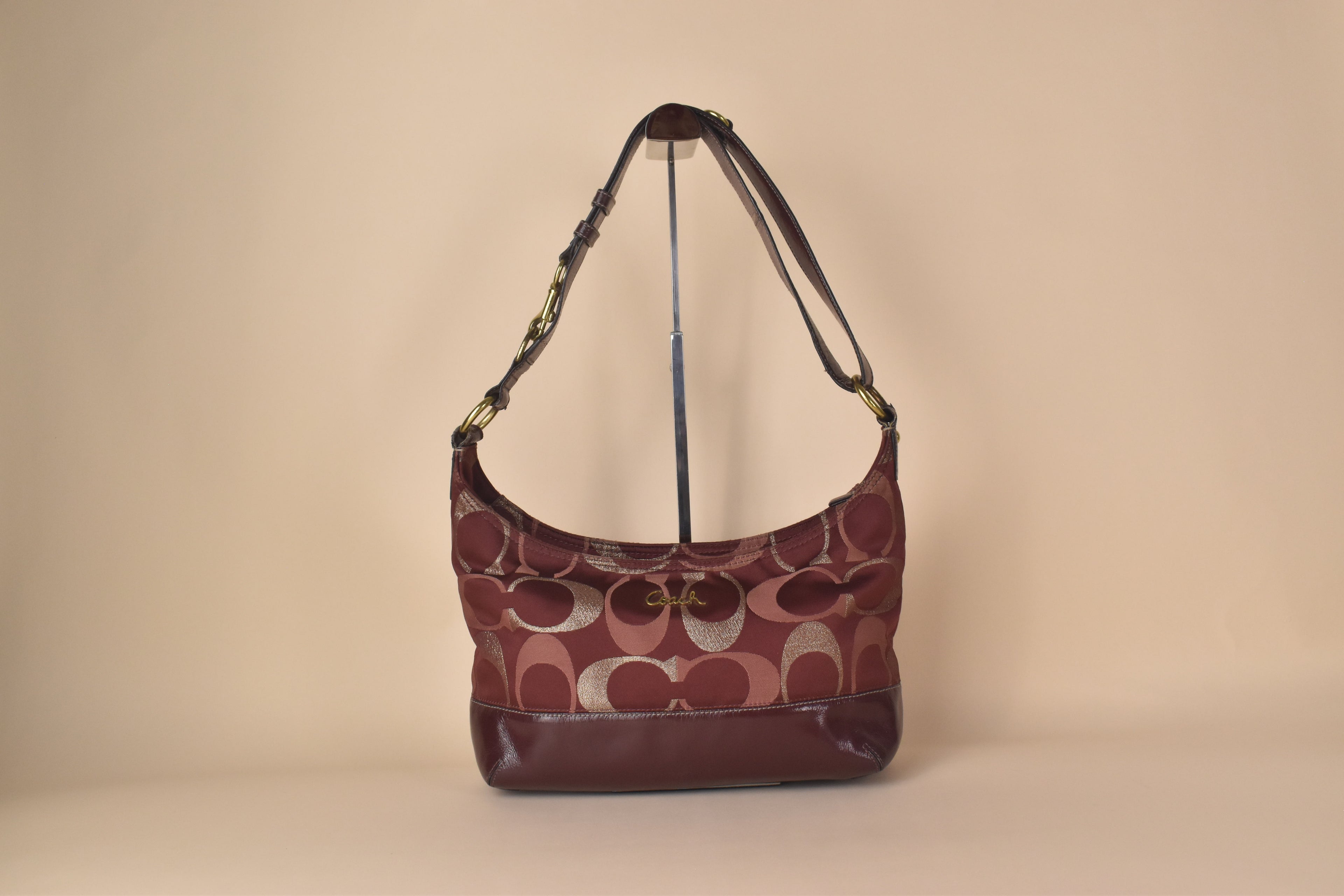 Coach Signature Lurex Convertible Hobo – Burgundy Metallic