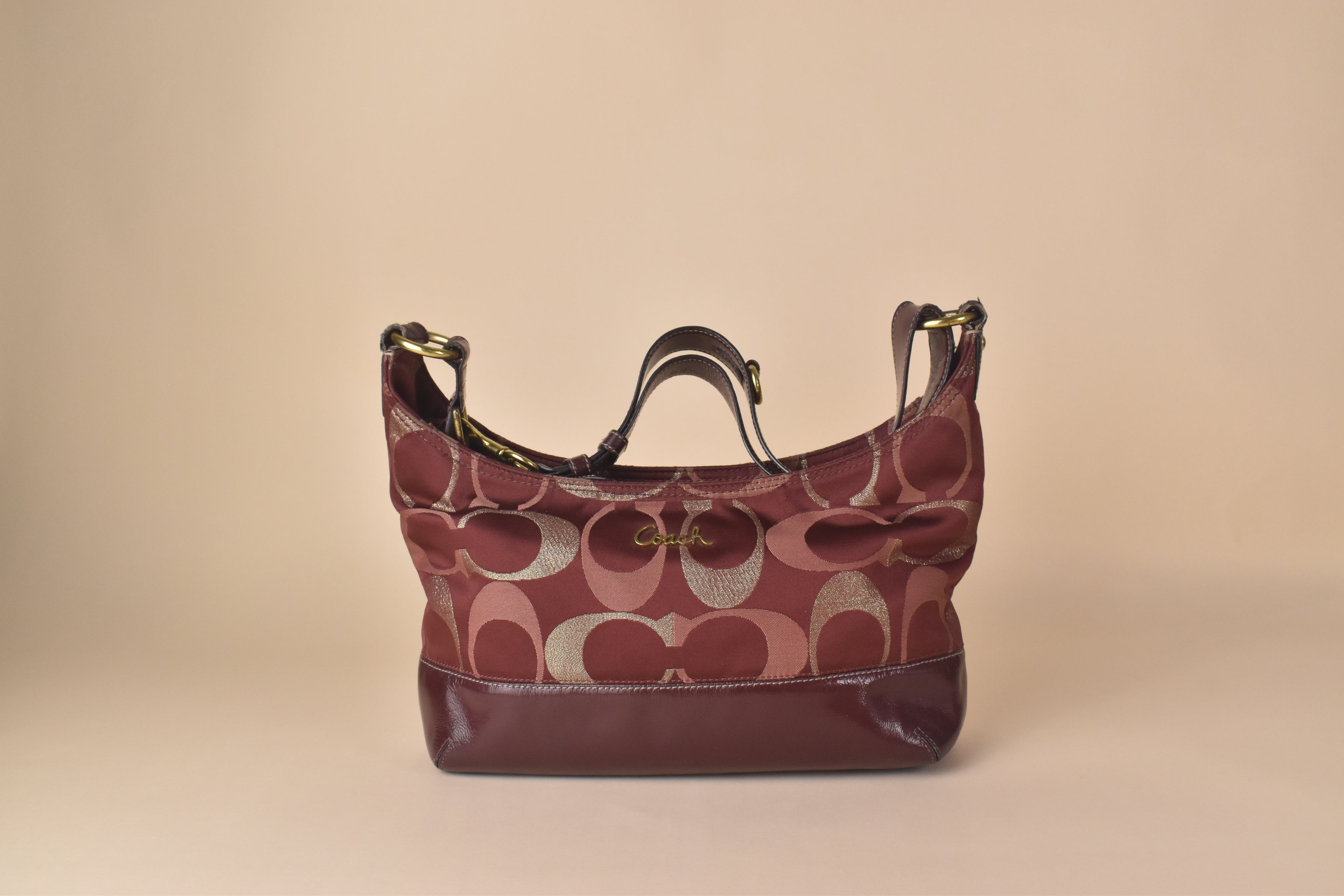Coach Signature Lurex Convertible Hobo – Burgundy Metallic