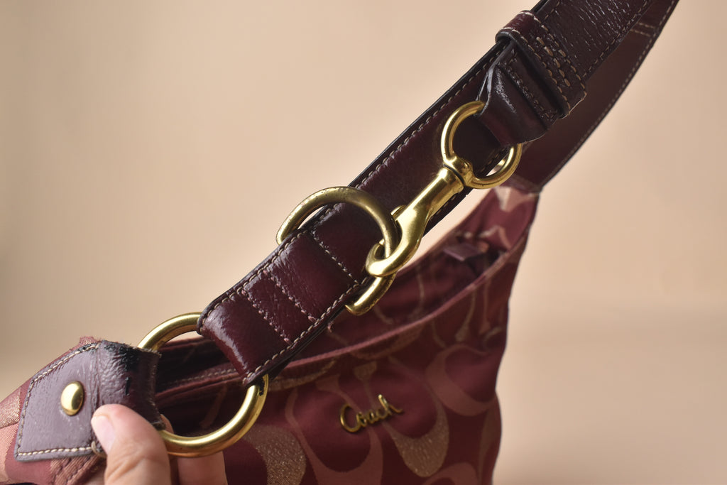 Coach Signature Lurex Convertible Hobo – Burgundy Metallic