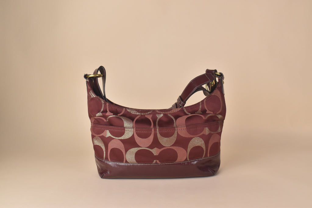 Coach Signature Lurex Convertible Hobo – Burgundy Metallic