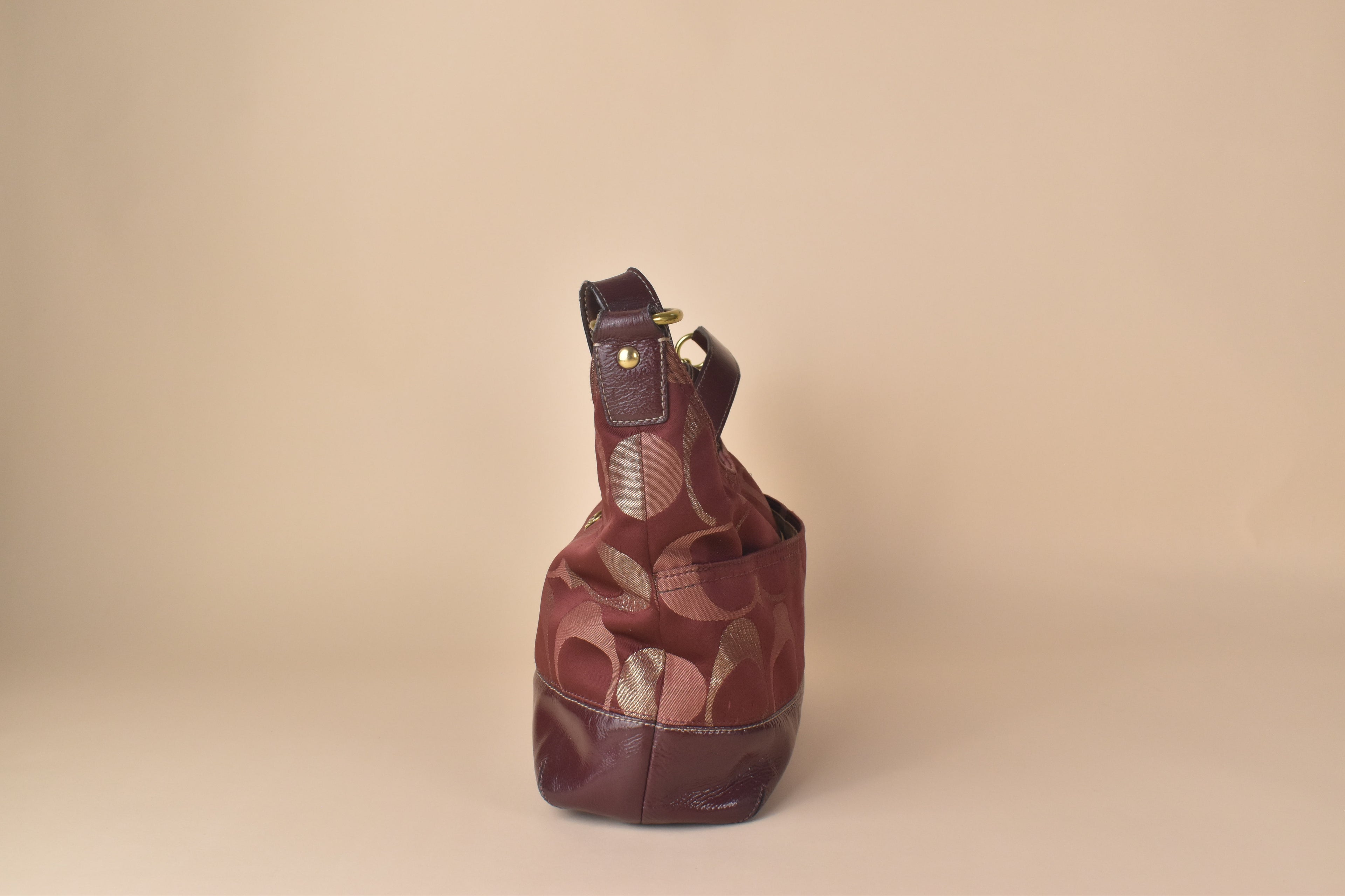 Coach Signature Lurex Convertible Hobo – Burgundy Metallic