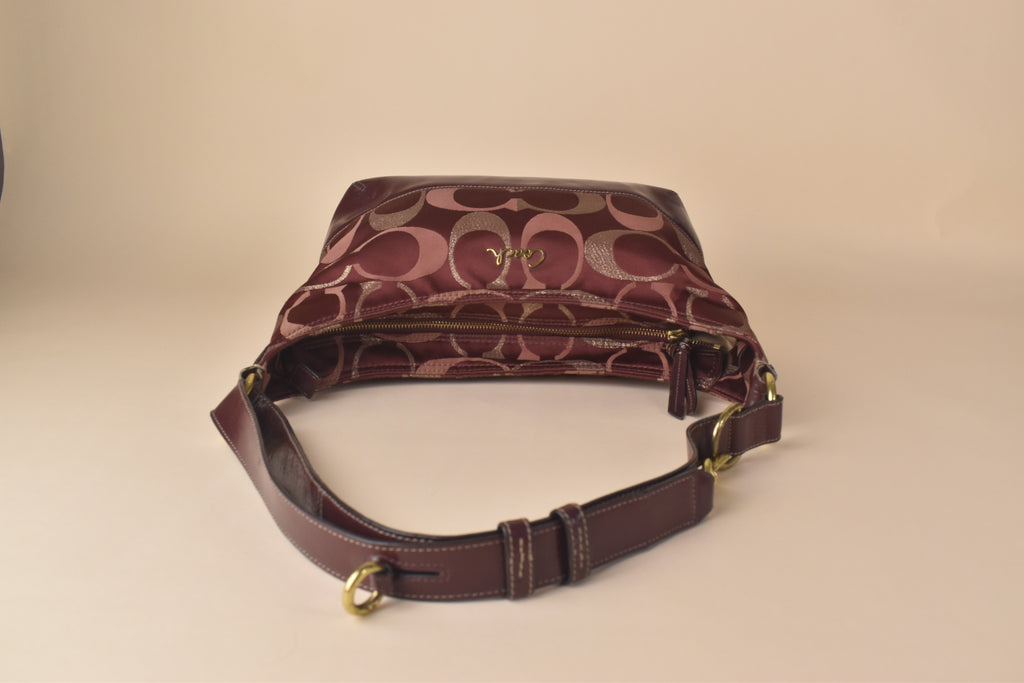 Coach Signature Lurex Convertible Hobo – Burgundy Metallic