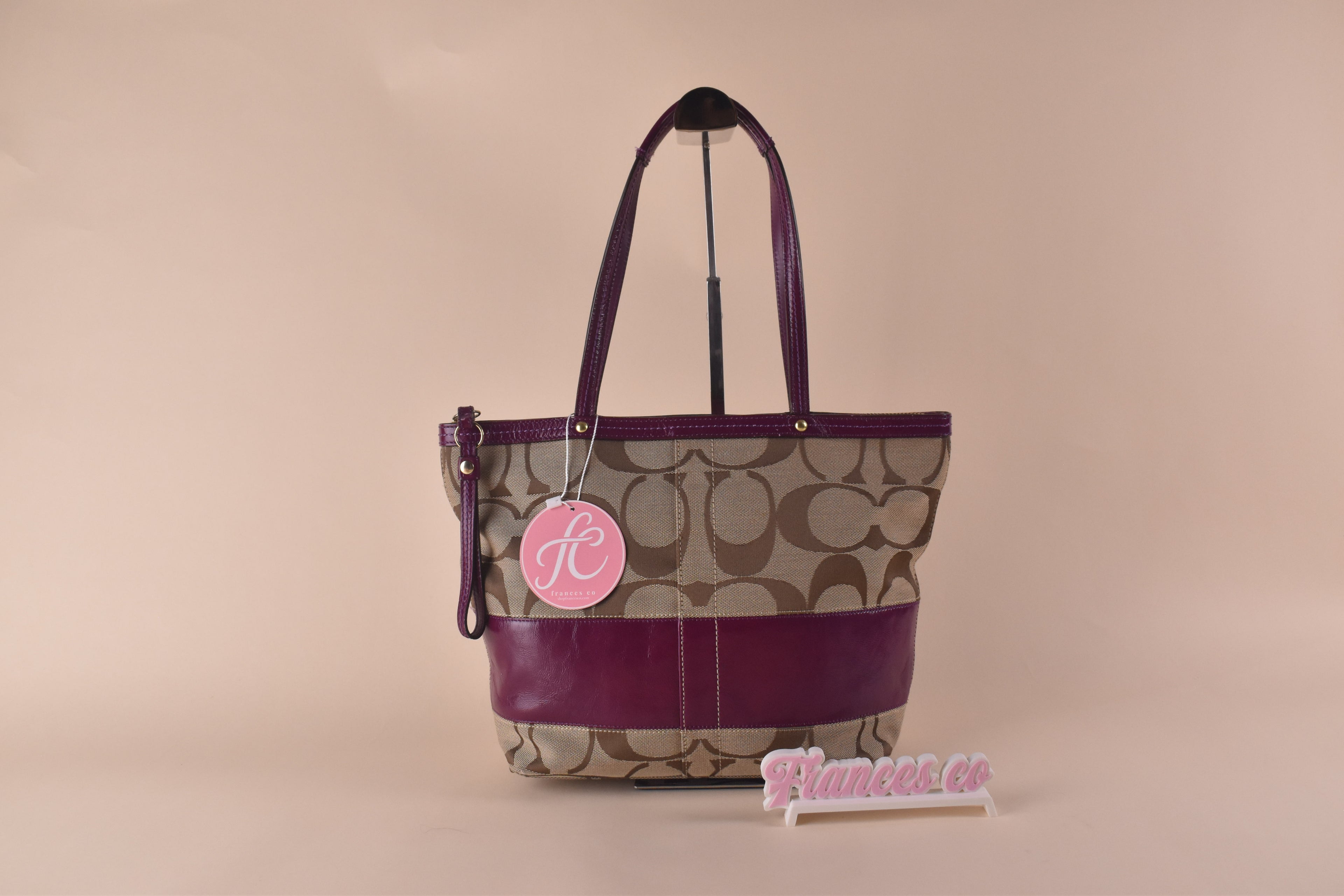 Coach Signature Stripe Tote – Khaki/Purple