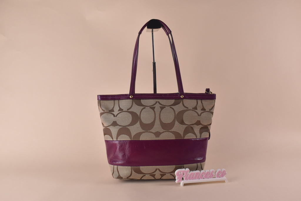 Coach Signature Stripe Tote – Khaki/Purple