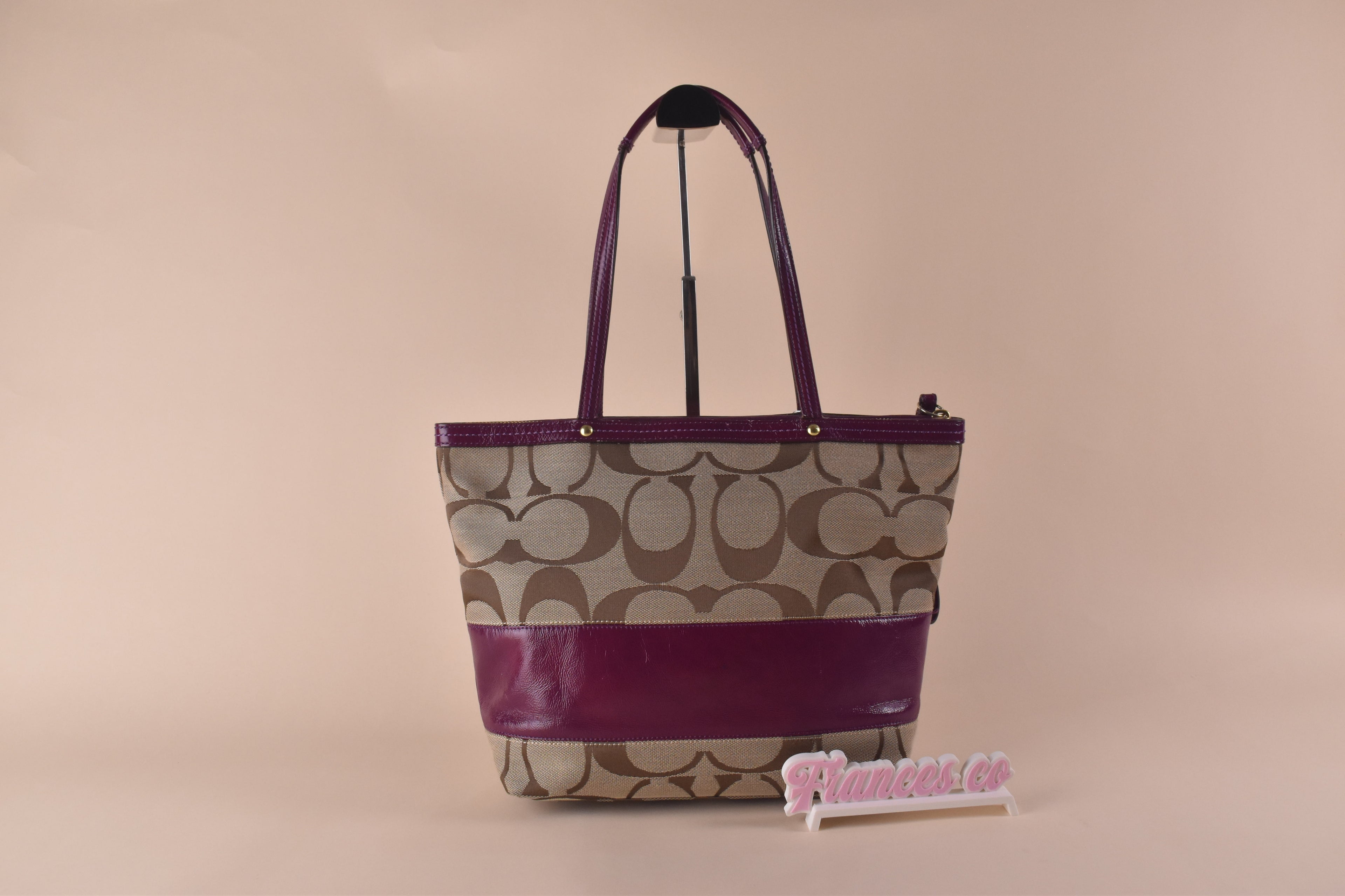 Coach Signature Stripe Tote – Khaki/Purple