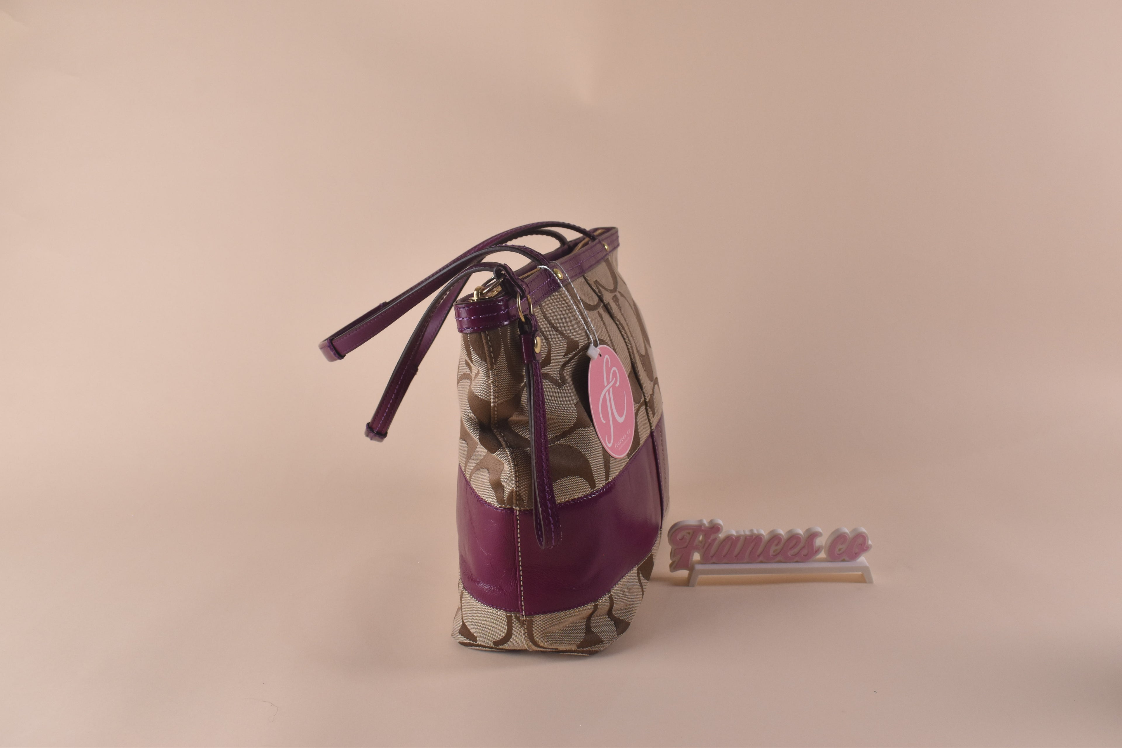 Coach Signature Stripe Tote – Khaki/Purple