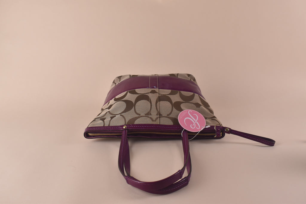 Coach Signature Stripe Tote – Khaki/Purple