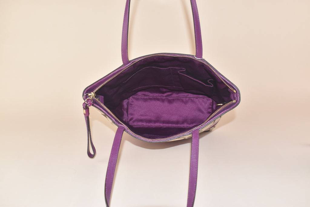 Coach Signature Stripe Tote – Khaki/Purple