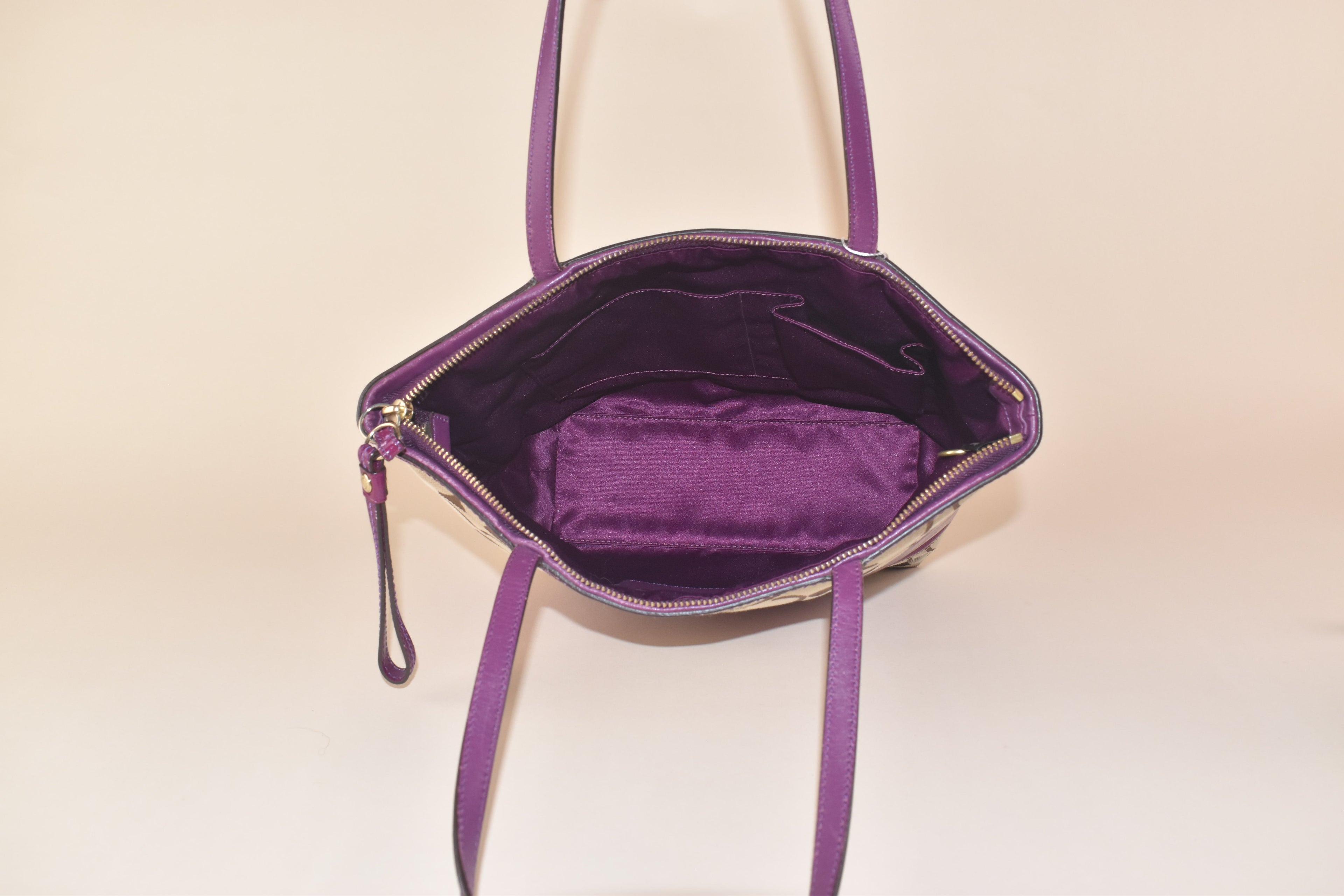 Coach Signature Stripe Tote – Khaki/Purple