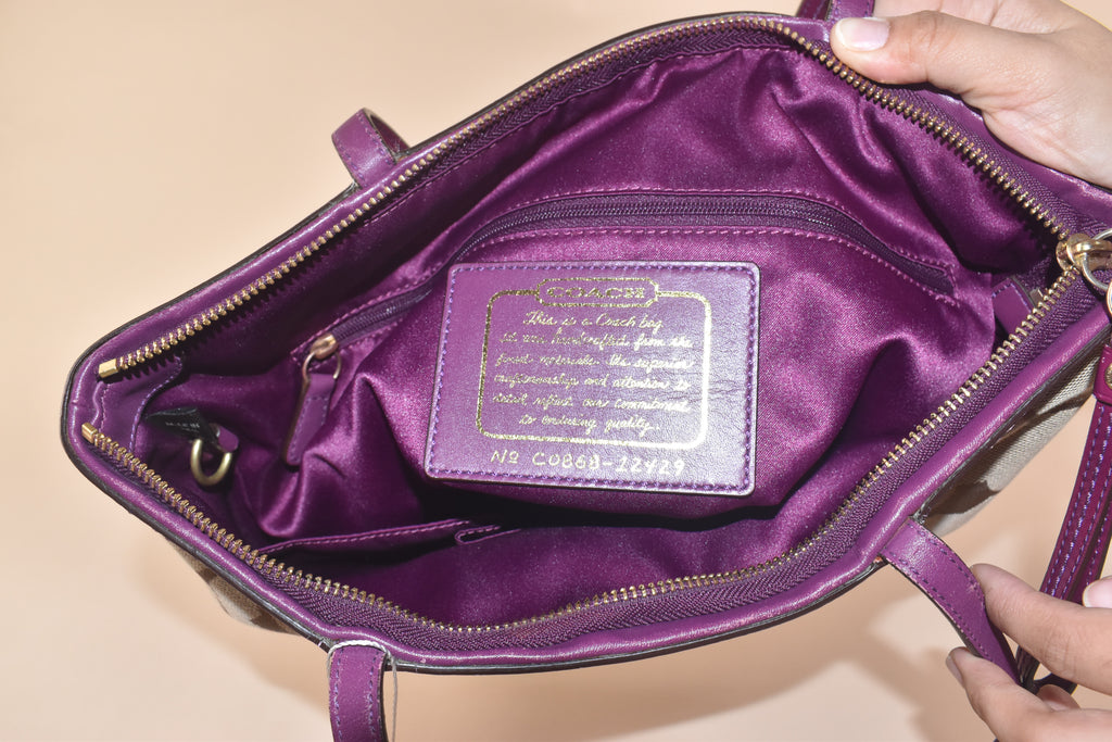 Coach Signature Stripe Tote – Khaki/Purple