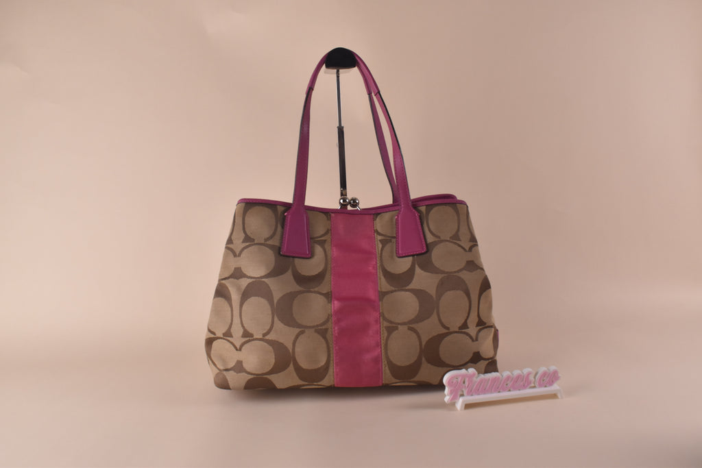 Coach Signature Stripe Kisslock Tote – Khaki/Pink