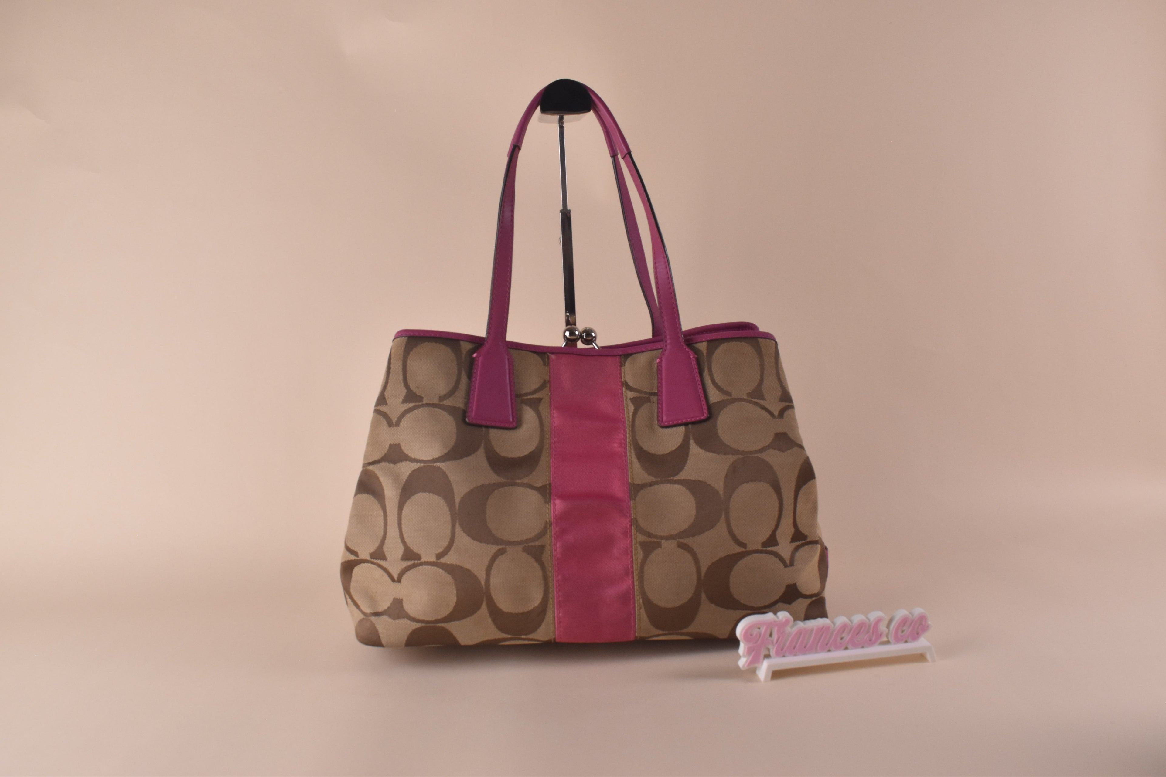 Coach Signature Stripe Kisslock Tote – Khaki/Pink