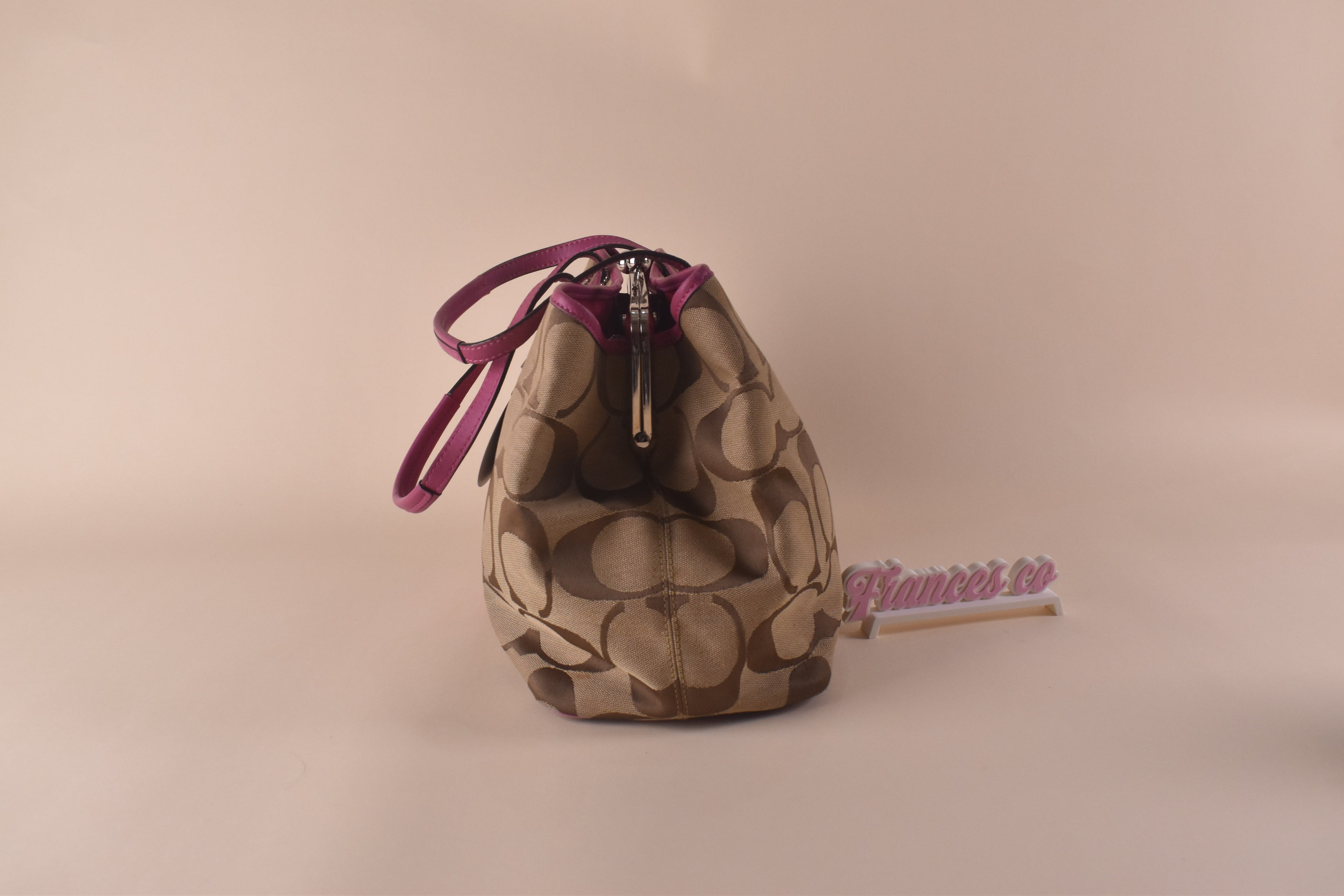 Coach Signature Stripe Kisslock Tote – Khaki/Pink