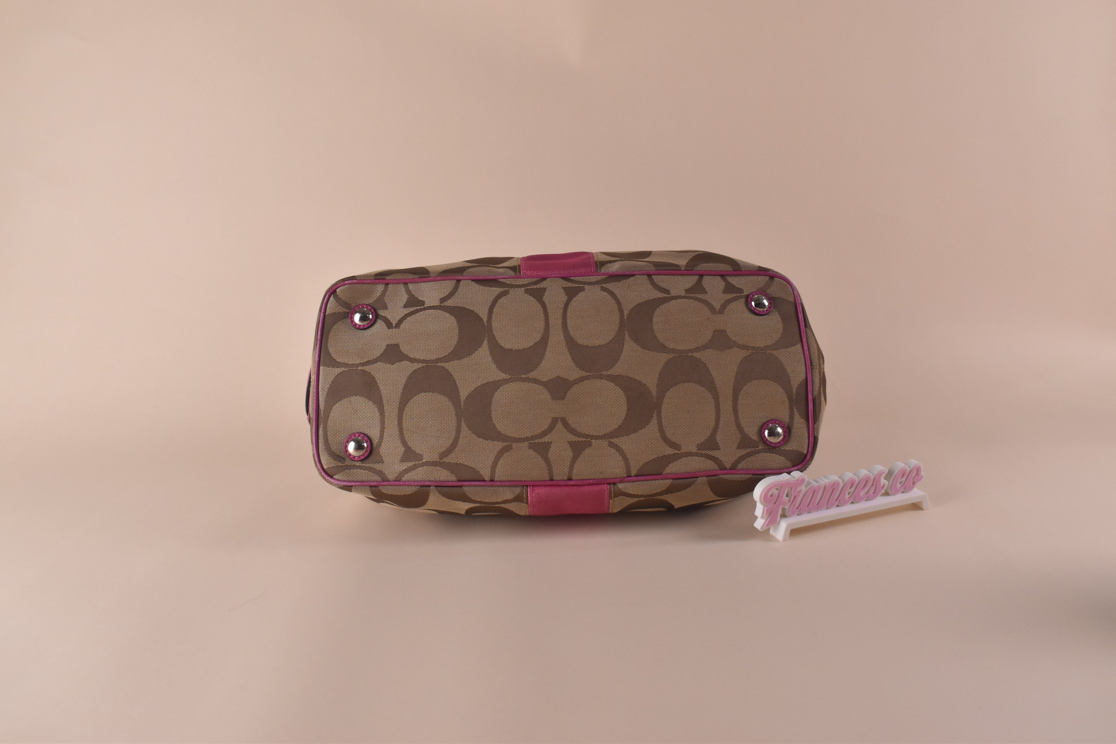 Coach Signature Stripe Kisslock Tote – Khaki/Pink