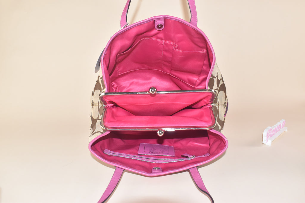 Coach Signature Stripe Kisslock Tote – Khaki/Pink
