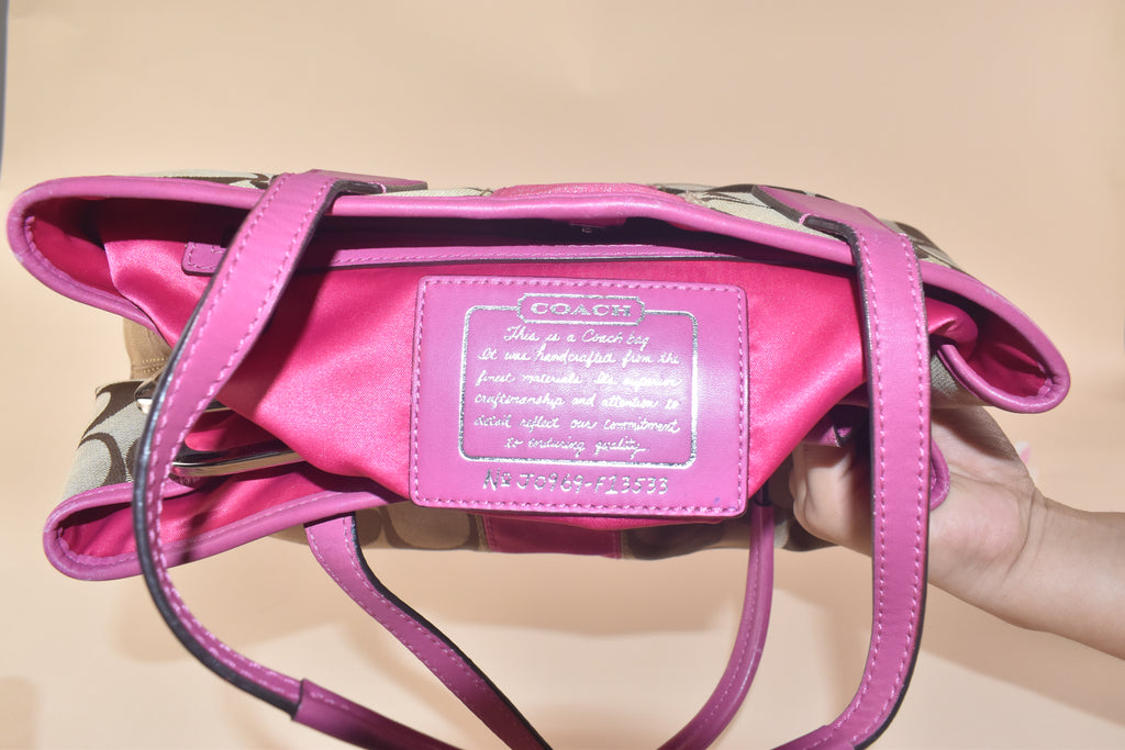 Coach Signature Stripe Kisslock Tote – Khaki/Pink