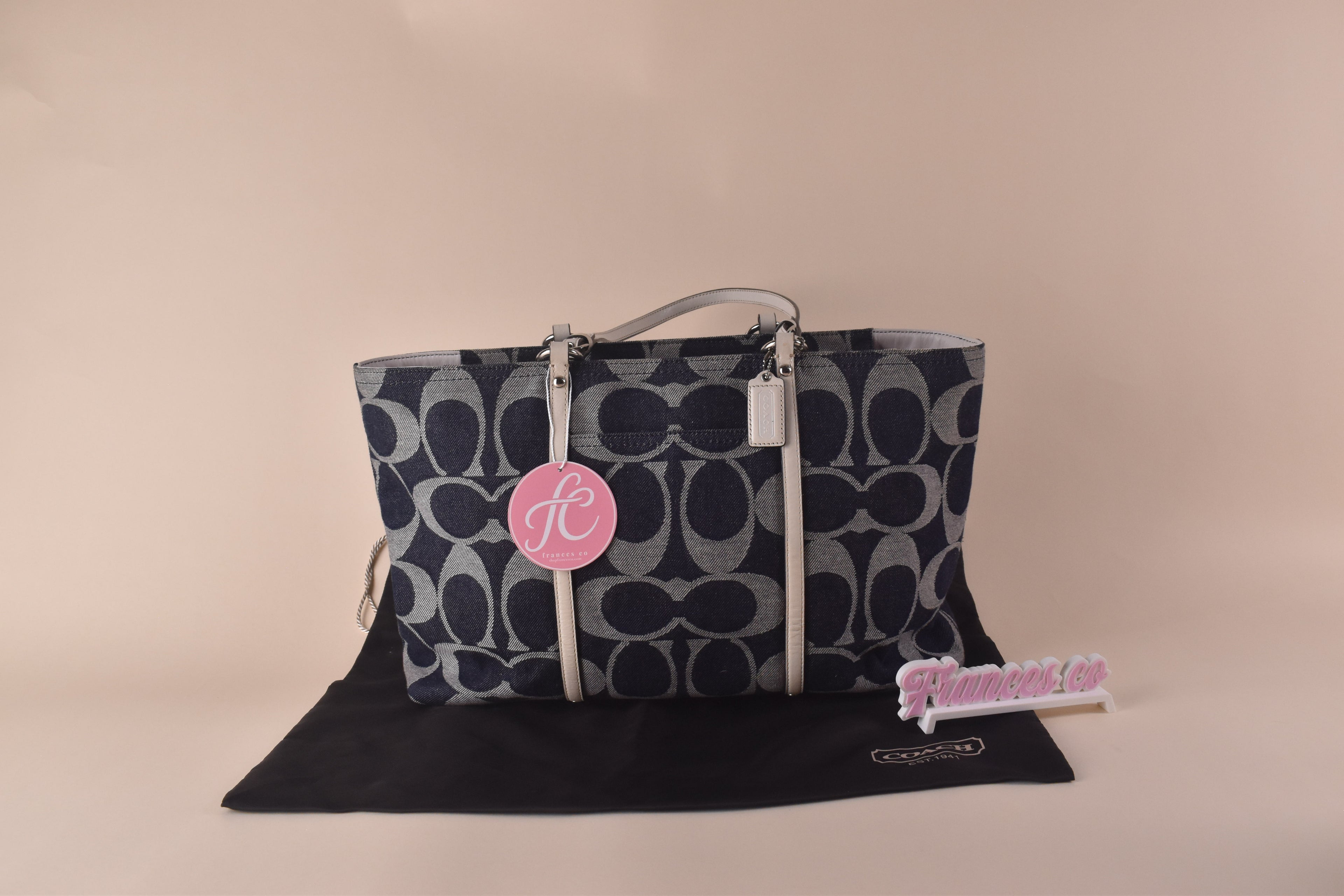 Coach Signature Denim Gallery Tote – Navy/White