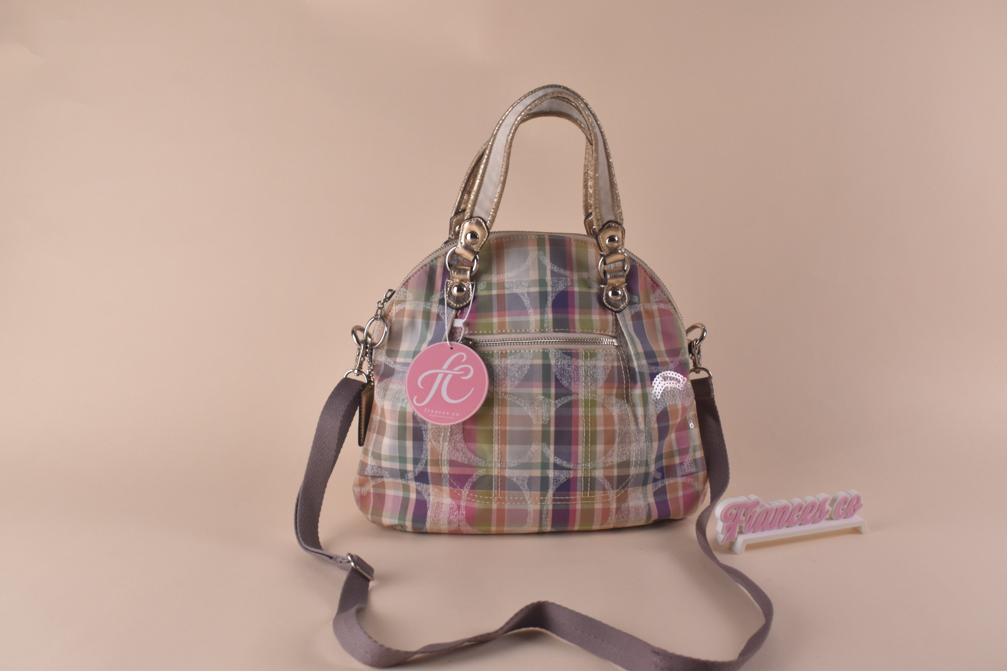 Coach Poppy Daisy Madras Plaid Convertible Dome Bag - Pink/Blue/Multi