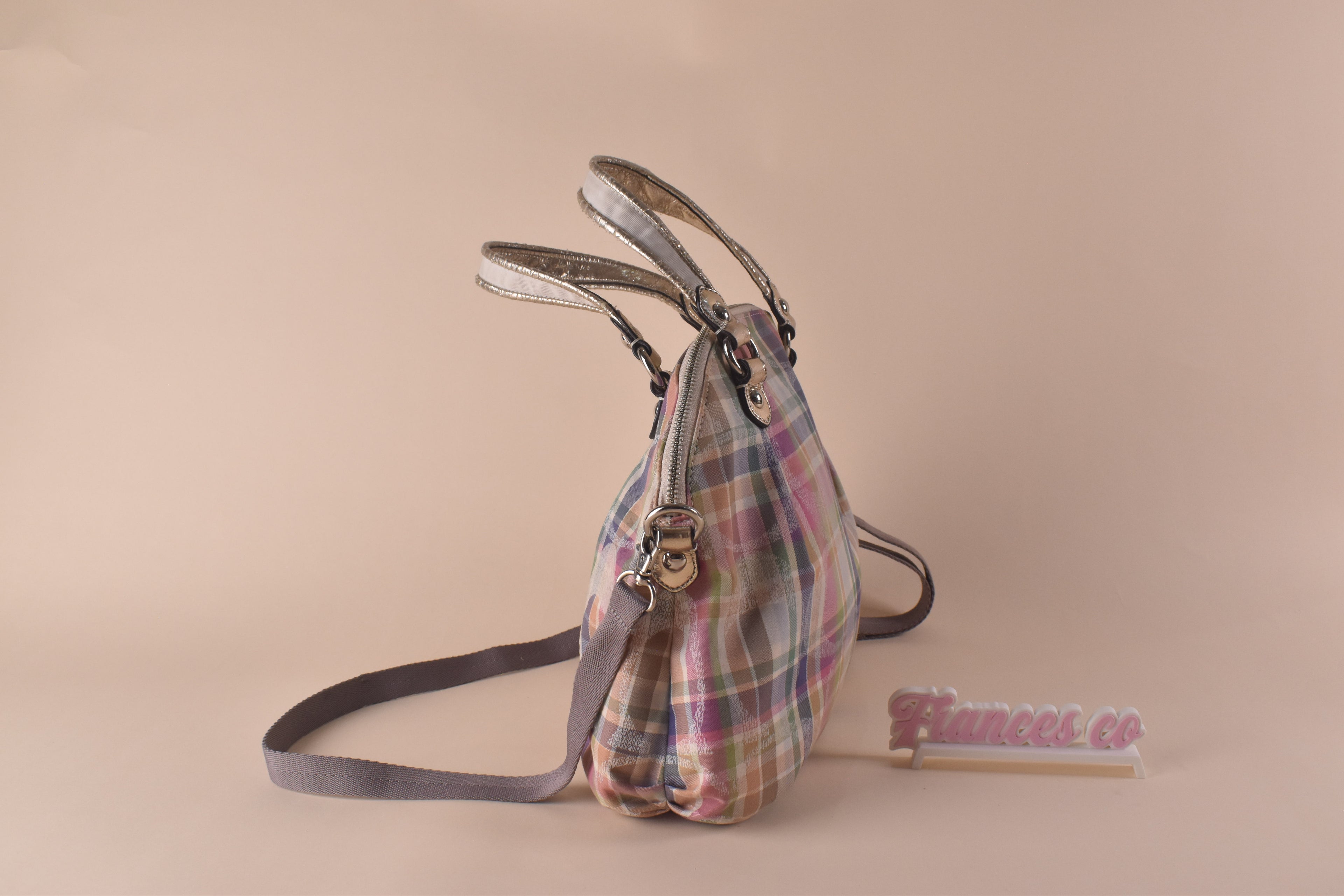 Coach Poppy Daisy Madras Plaid Convertible Dome Bag - Pink/Blue/Multi