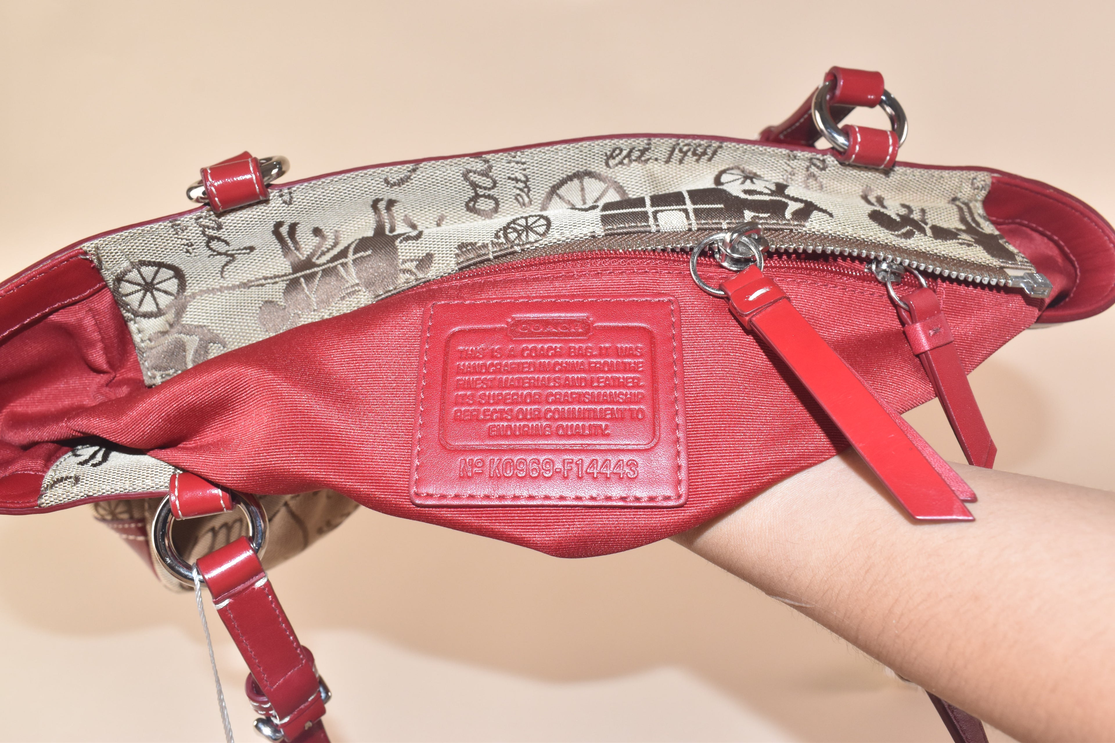 Coach Heritage Carriage Tote - Khaki/Red