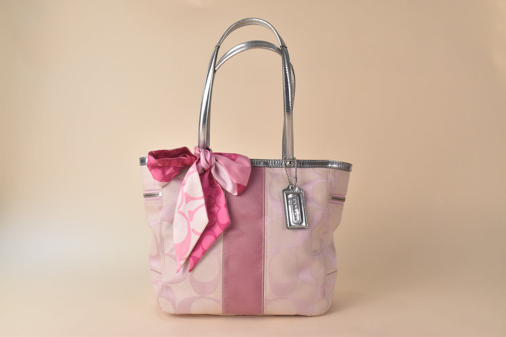Coach Signature Stripe Tote - Silver/Pink