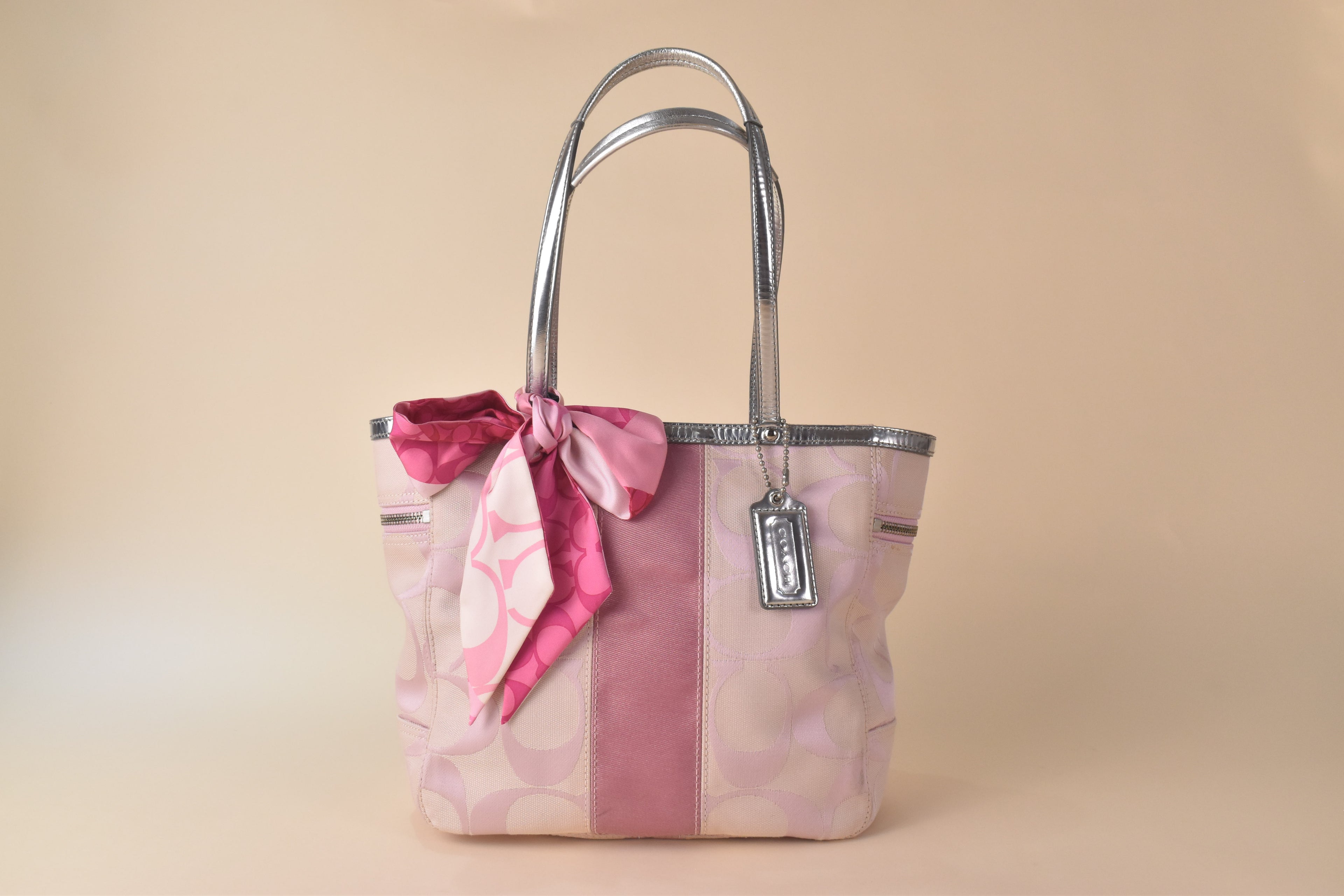 Coach Signature Stripe Tote - Silver/Pink