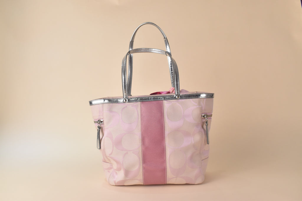 Coach Signature Stripe Tote - Silver/Pink