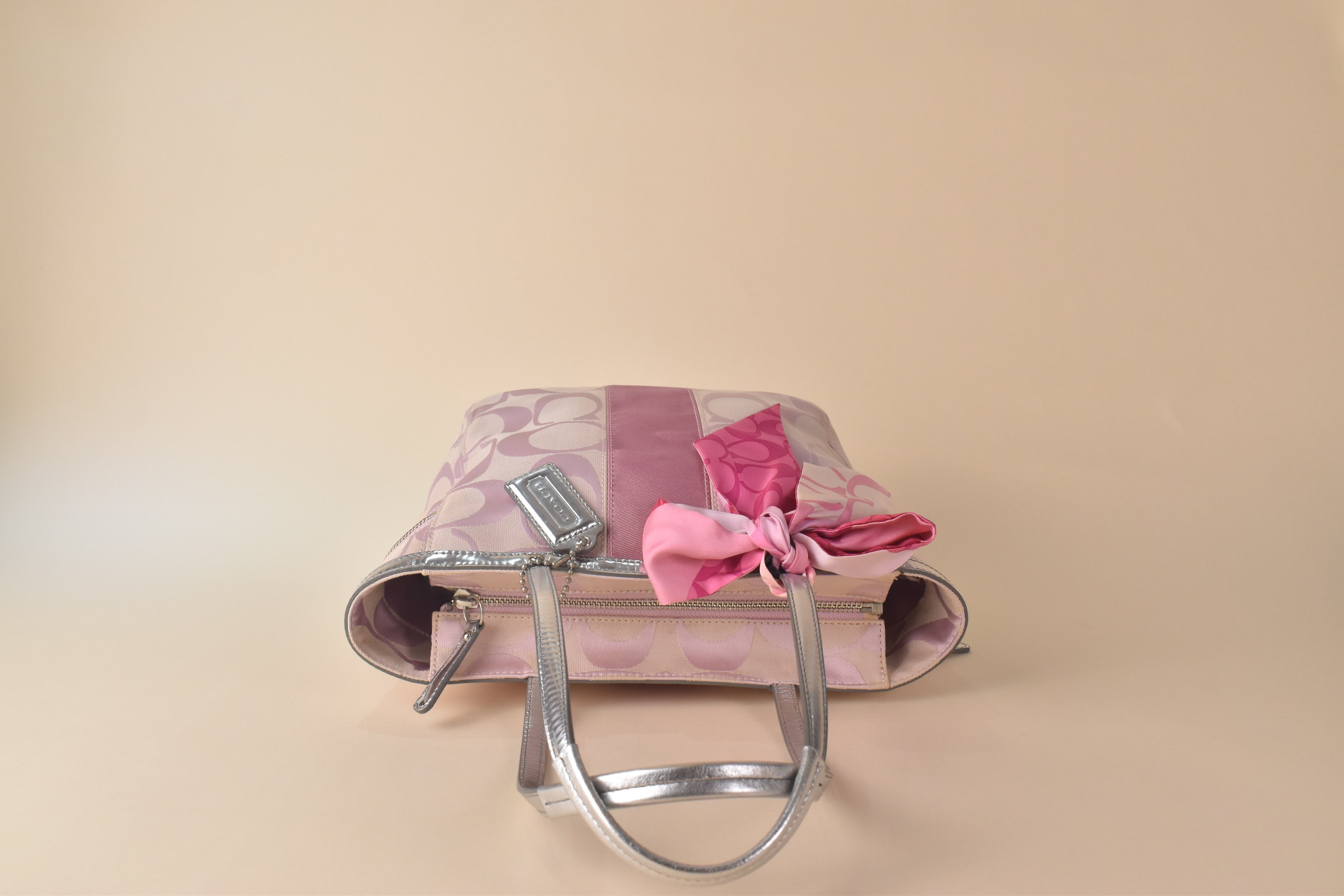 Coach Signature Stripe Tote - Silver/Pink