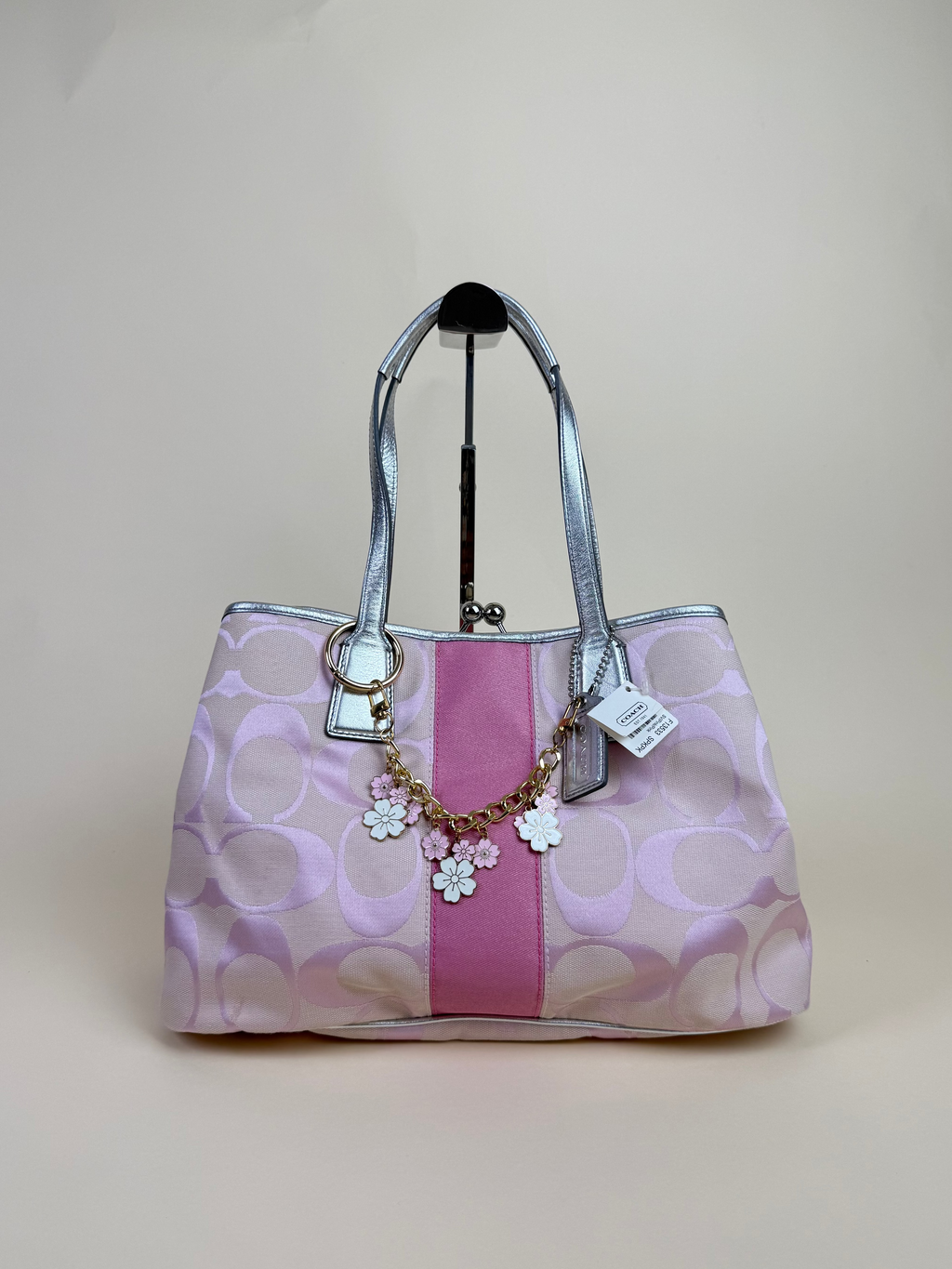 Coach Signature Stripe Kisslock Carryall Tote - Pink/Silver