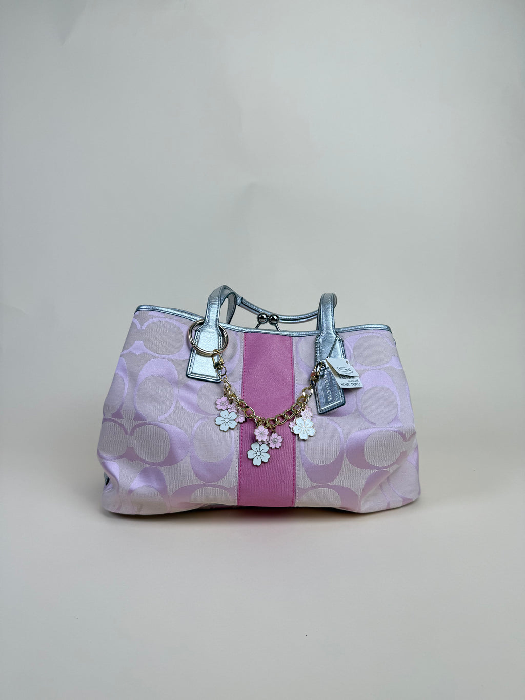 Coach Signature Stripe Kisslock Carryall Tote - Pink/Silver