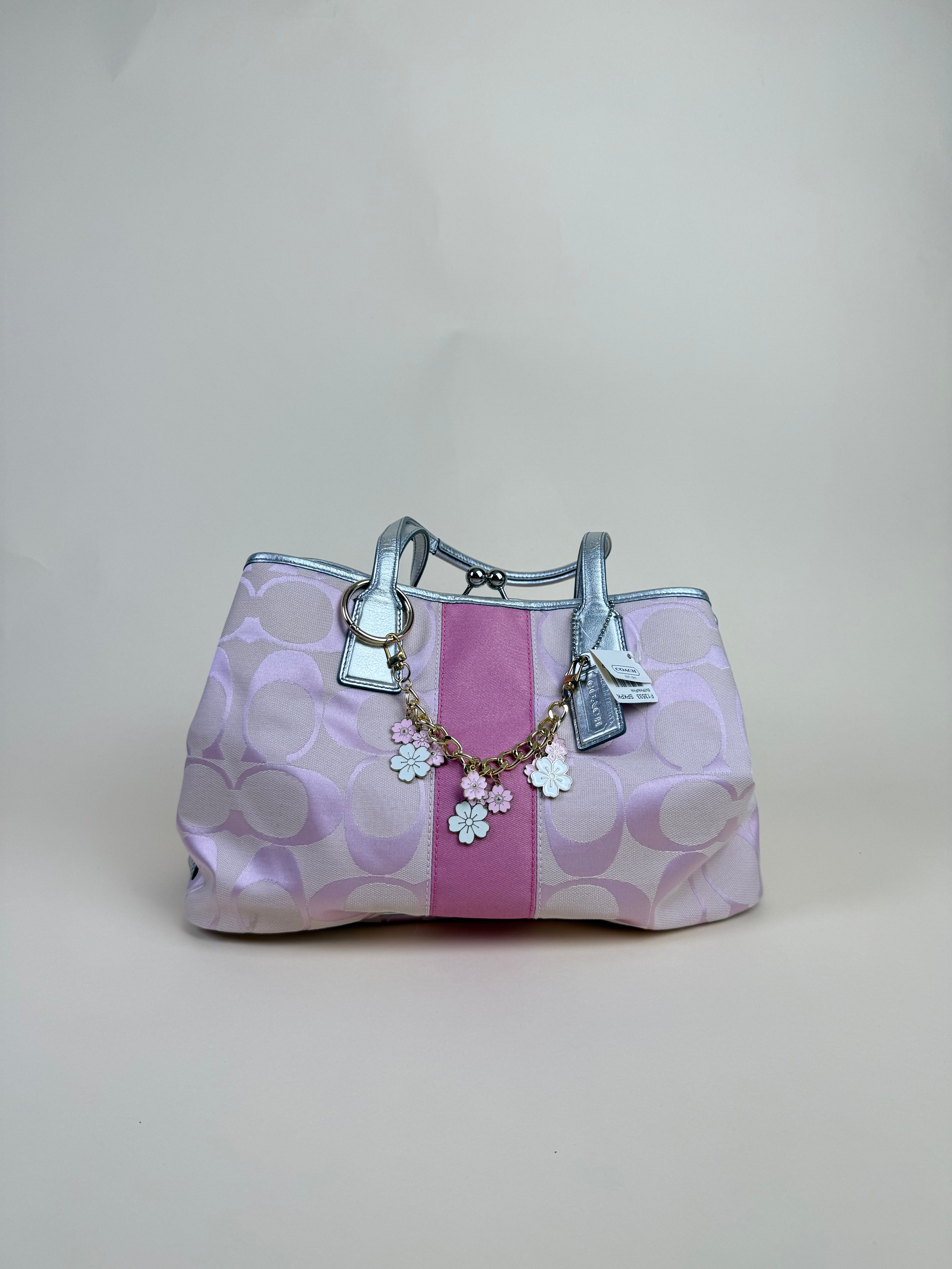 Coach Signature Stripe Kisslock Carryall Tote - Pink/Silver