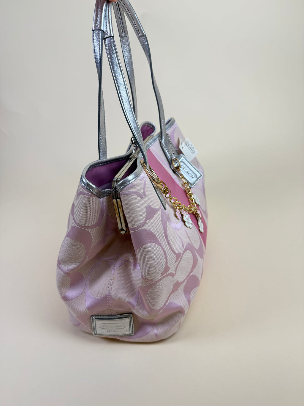 Coach Signature Stripe Kisslock Carryall Tote - Pink/Silver