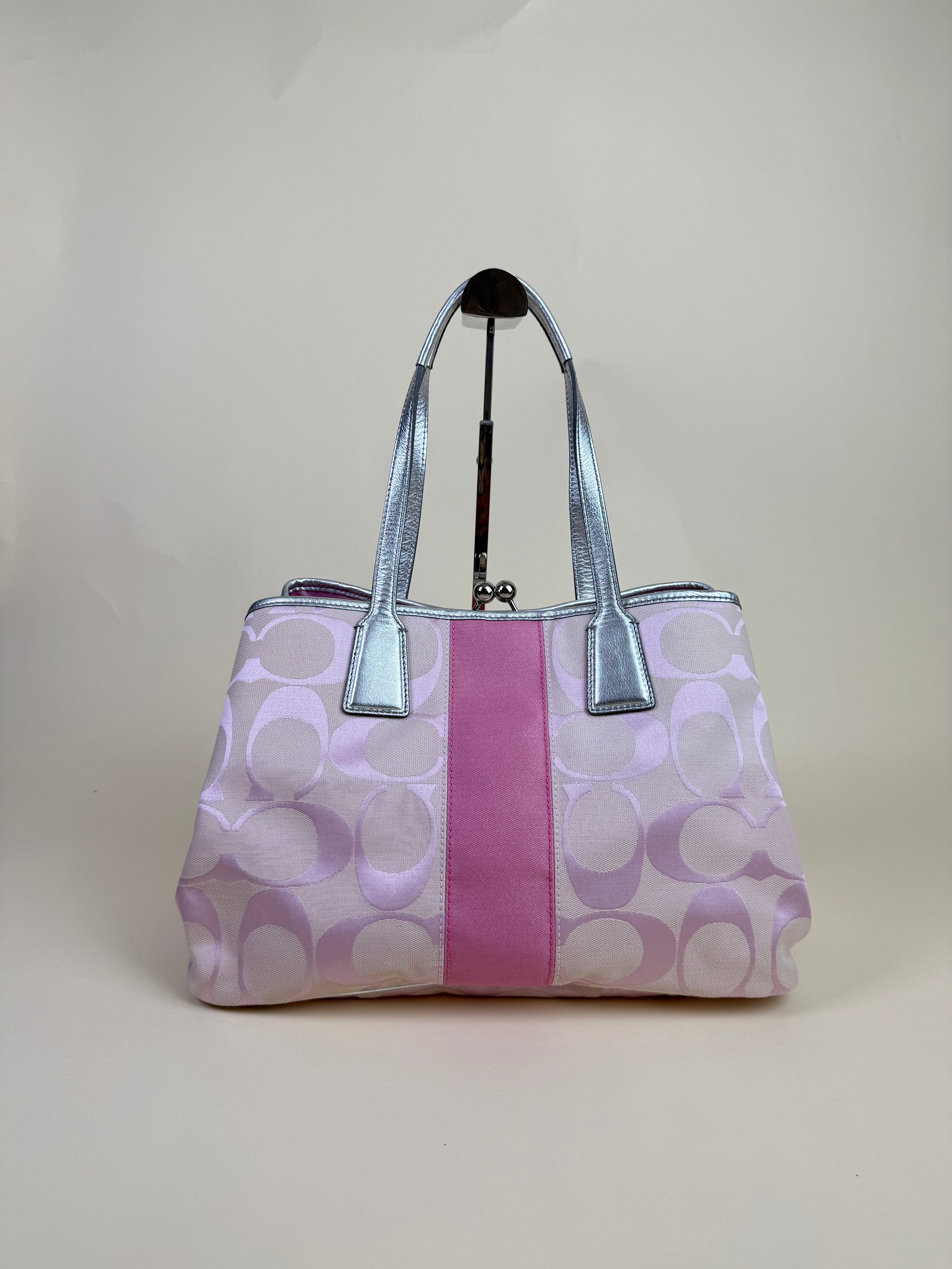 Coach Signature Stripe Kisslock Carryall Tote - Pink/Silver
