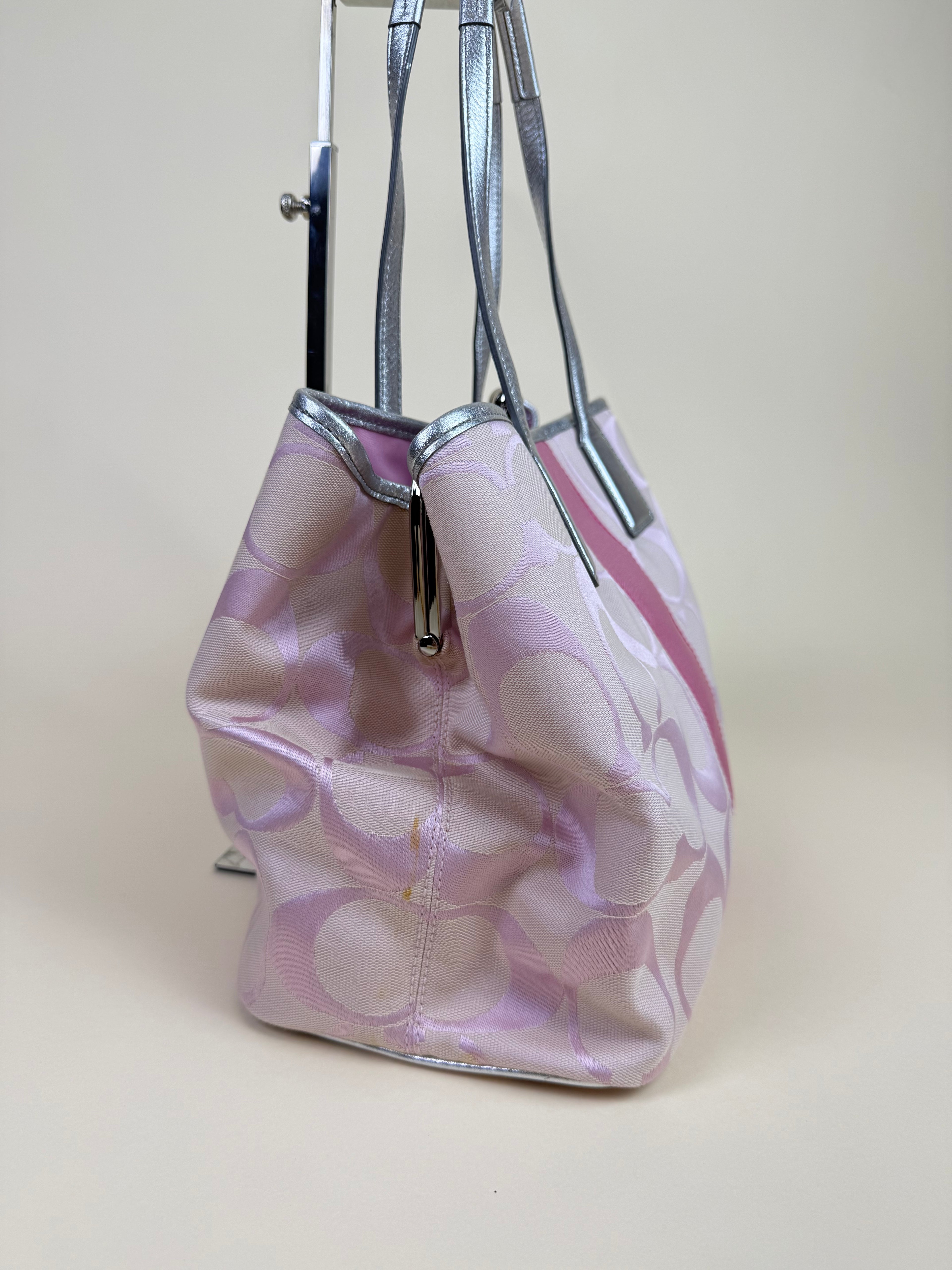 Coach Signature Stripe Kisslock Carryall Tote - Pink/Silver