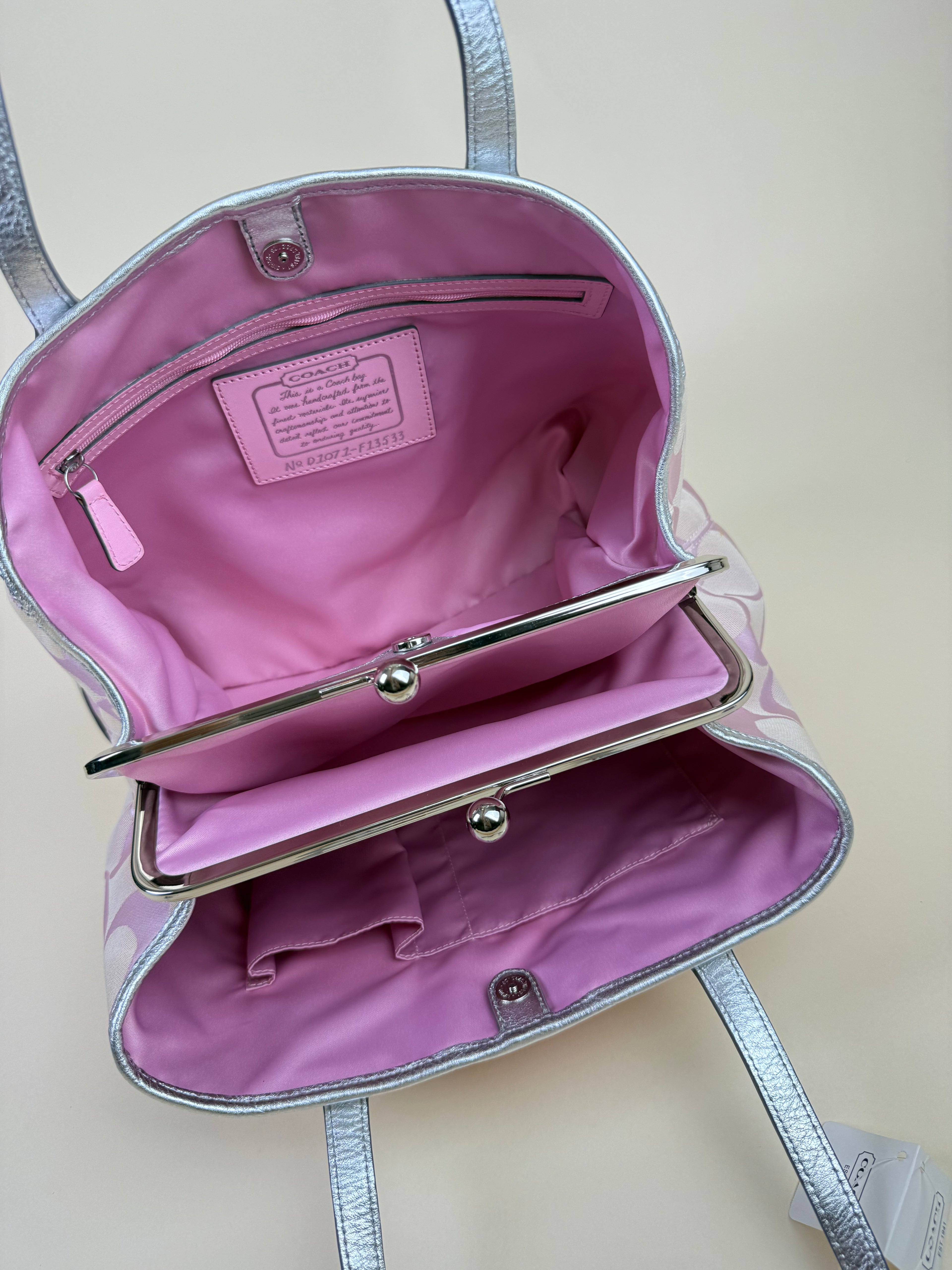 Coach Signature Stripe Kisslock Carryall Tote - Pink/Silver