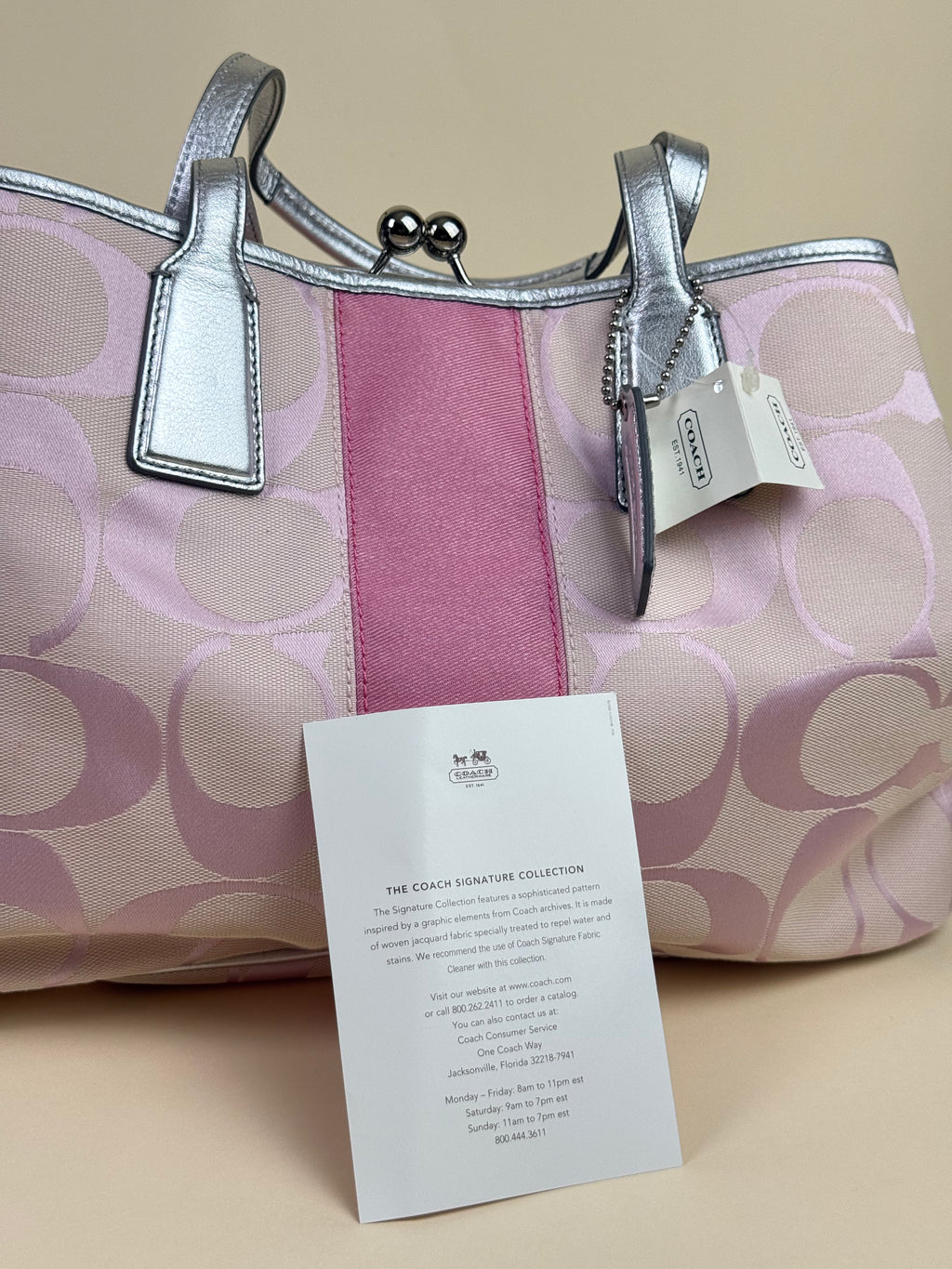Coach Signature Stripe Kisslock Carryall Tote - Pink/Silver
