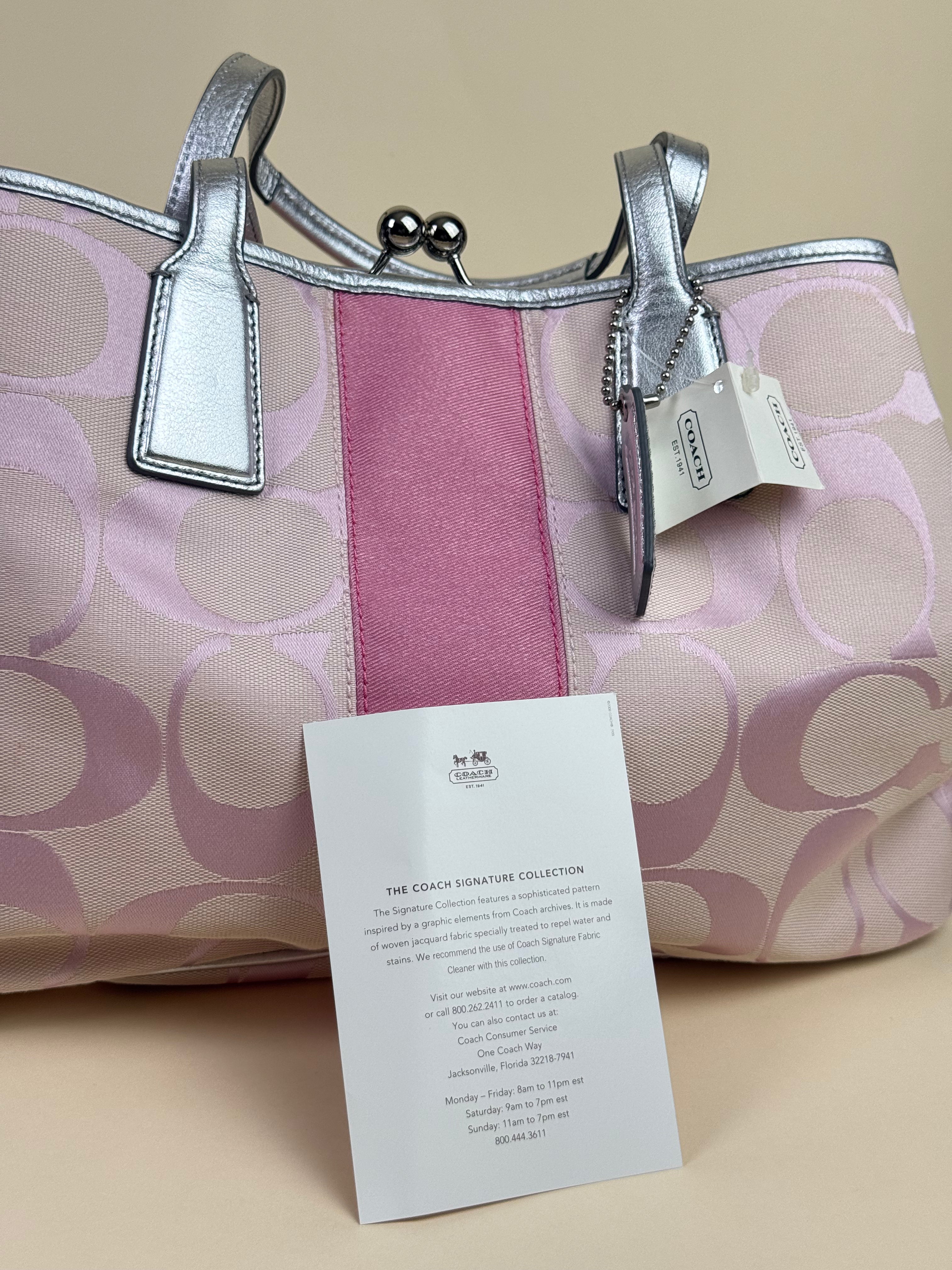 Coach Signature Stripe Kisslock Carryall Tote - Pink/Silver